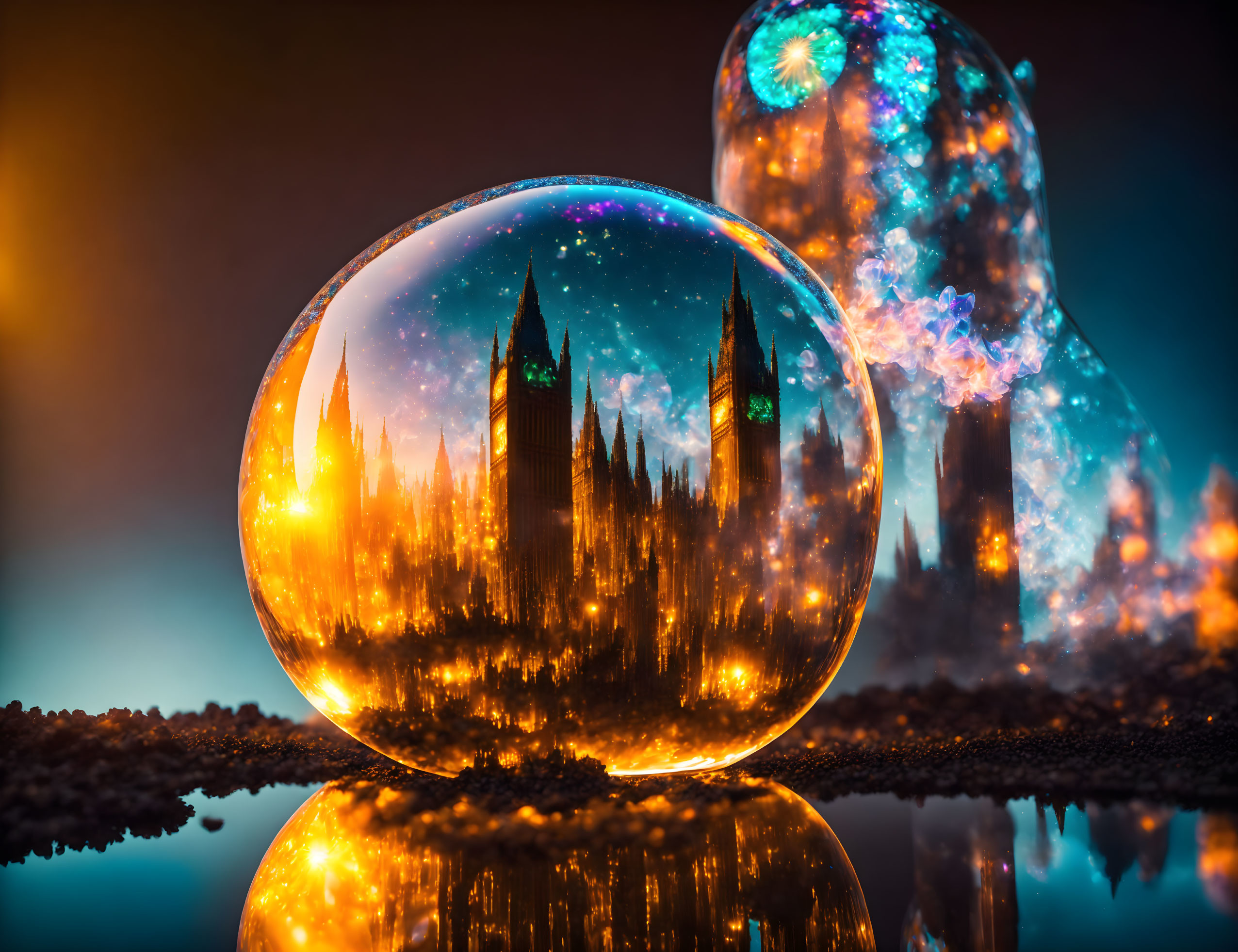 Vibrant cityscape reflected in glass spheres amid starry sky