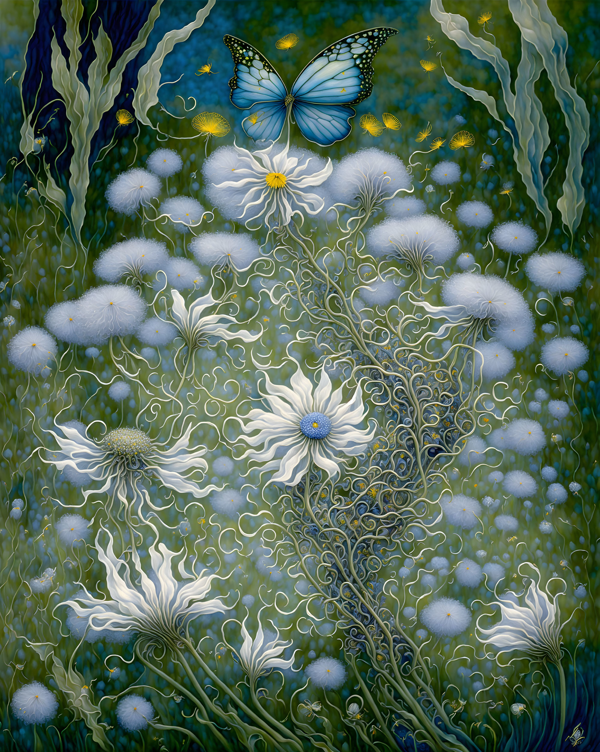 Blue butterfly over white dandelions in vibrant painting