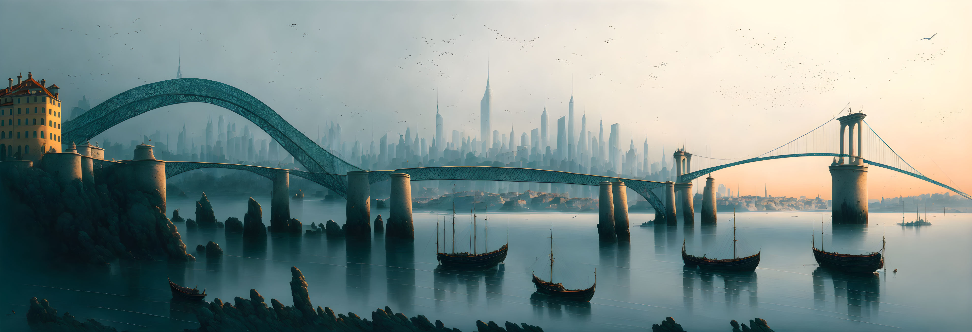 Futuristic cityscape with skyscrapers, river, bridges, boats, birds at dusk