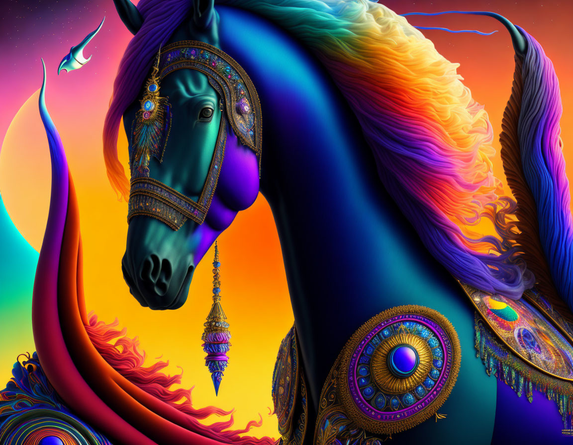 Colorful Decorated Horse with Rainbow Mane in Surreal Sunset Scene