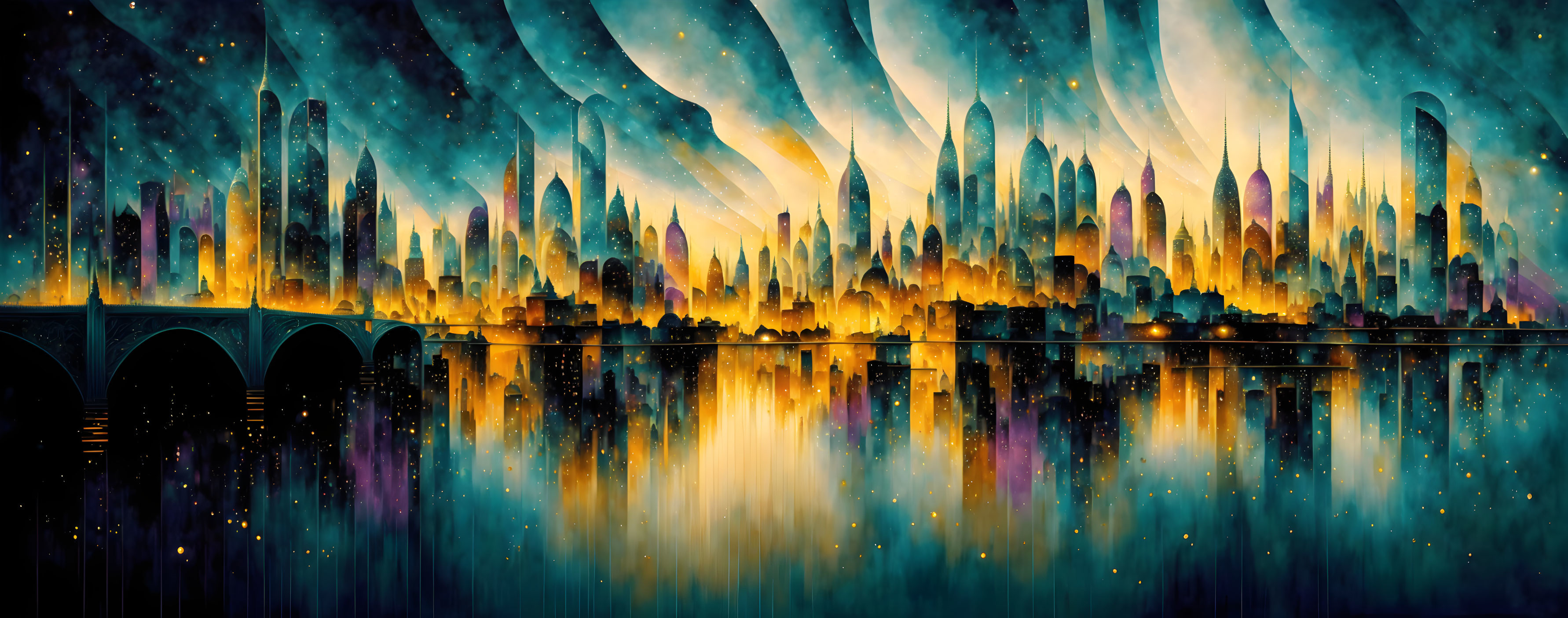 Panoramic fantasy cityscape with glowing buildings and starry sky in blue and golden hues