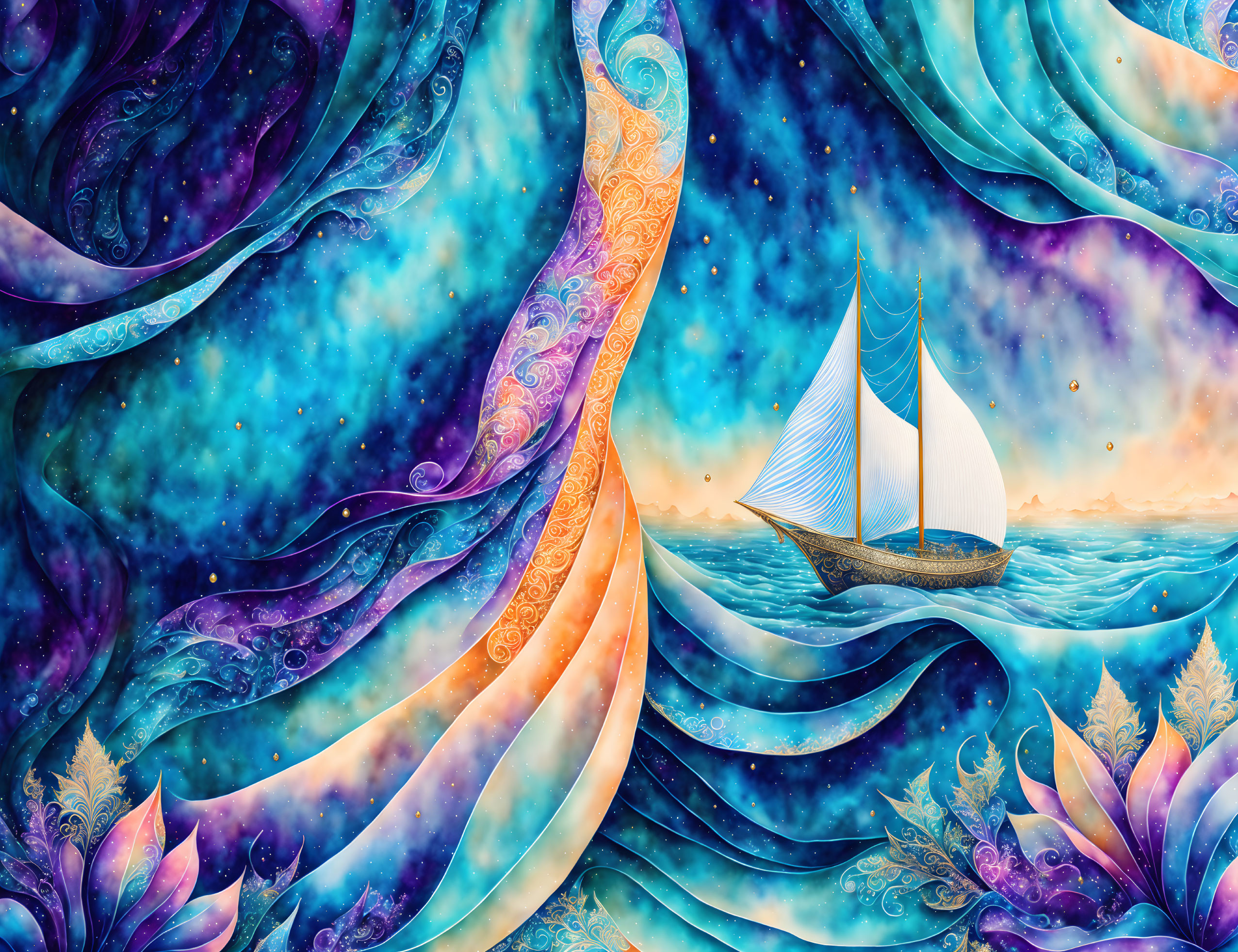 Sailboat sailing on cosmic ocean waves under starry sky