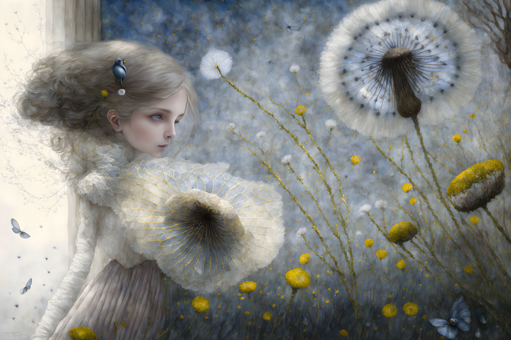 Surreal painting featuring girl, dandelion-like flowers, butterflies, dreamy atmosphere