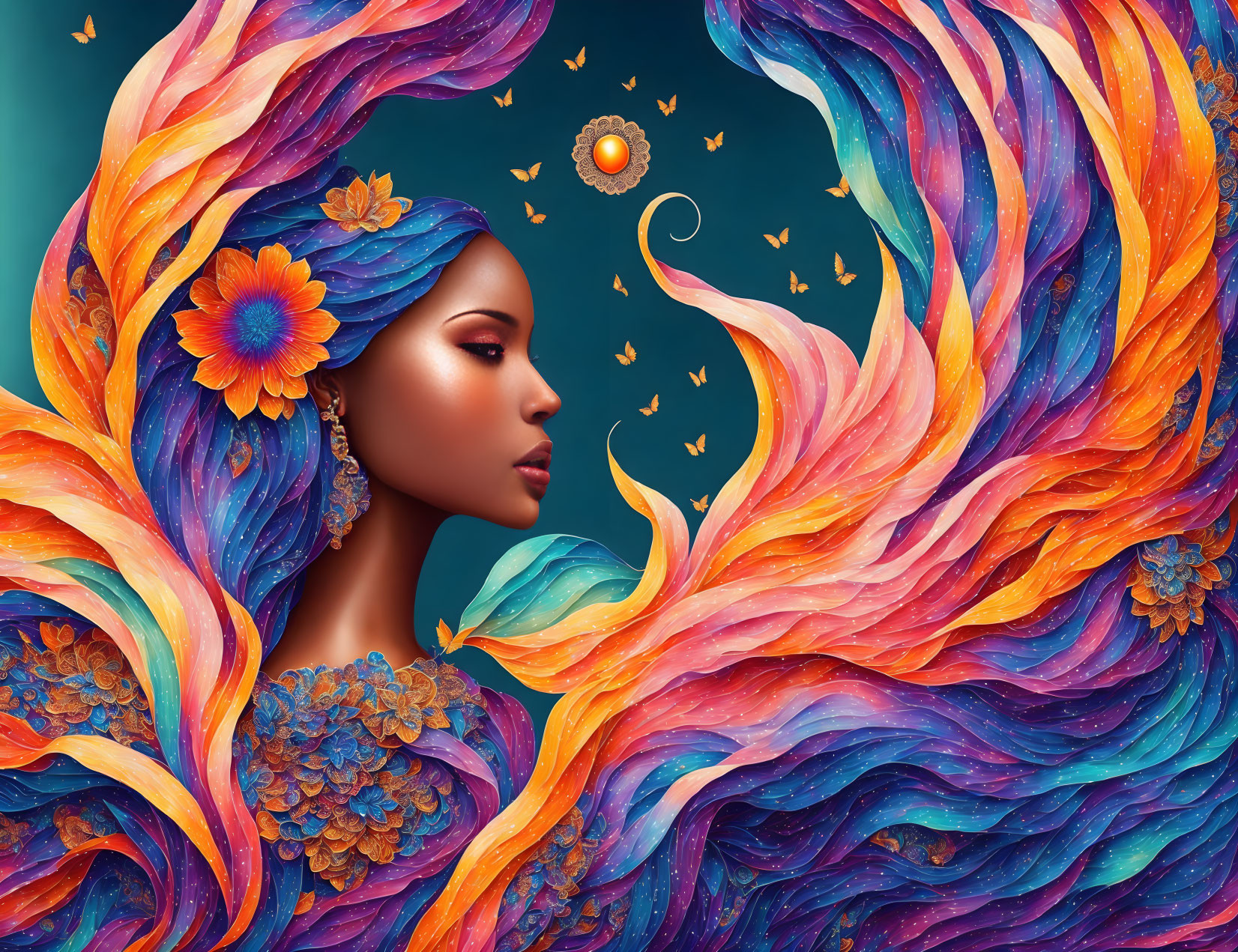 Vibrant swirling hair in shades of orange and blue with flowers under a stylized sun