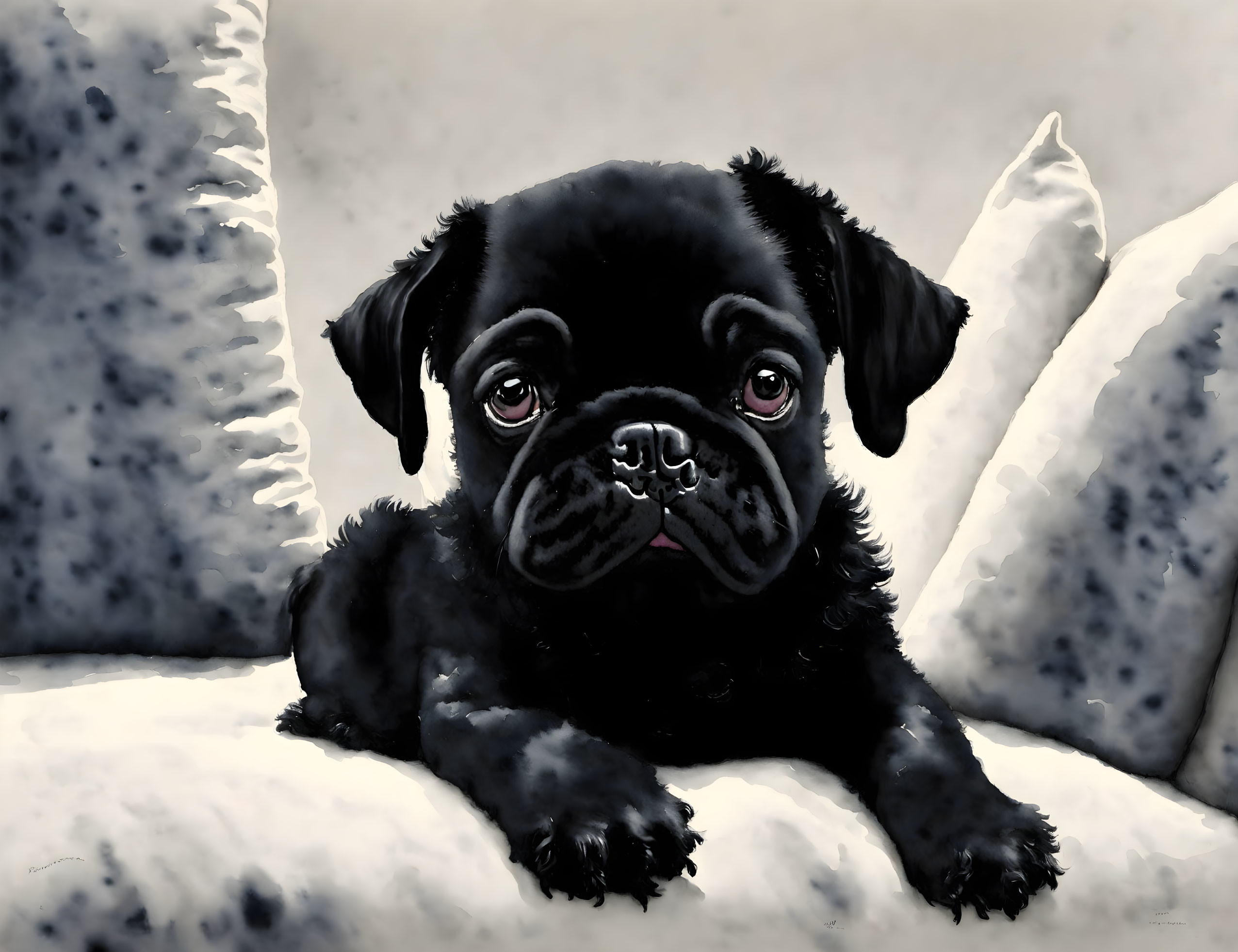 Black Pug Puppy with Glossy Coat and Big Eyes on Soft White Surface