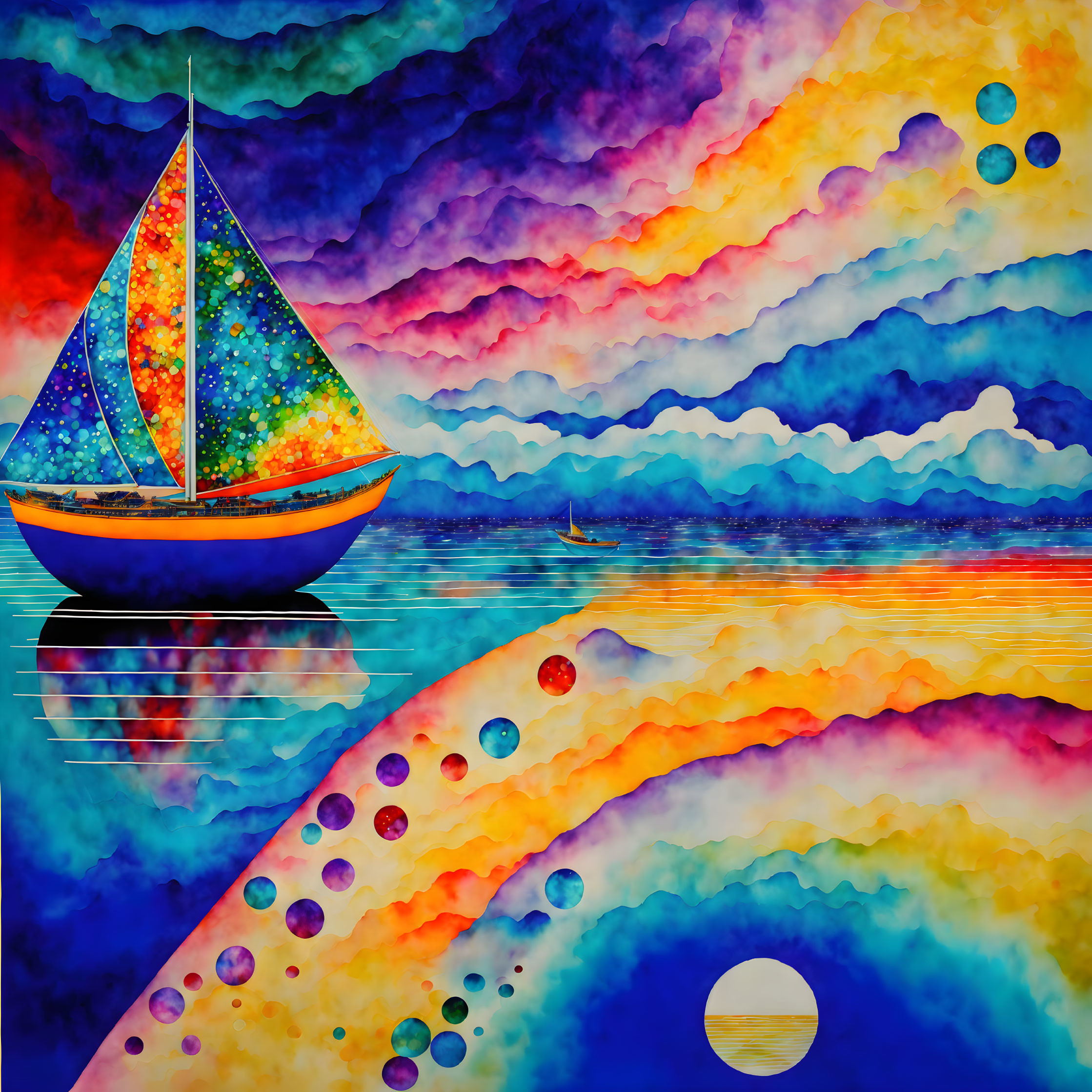 Colorful watercolor painting of boat sailing on vibrant sea and sky