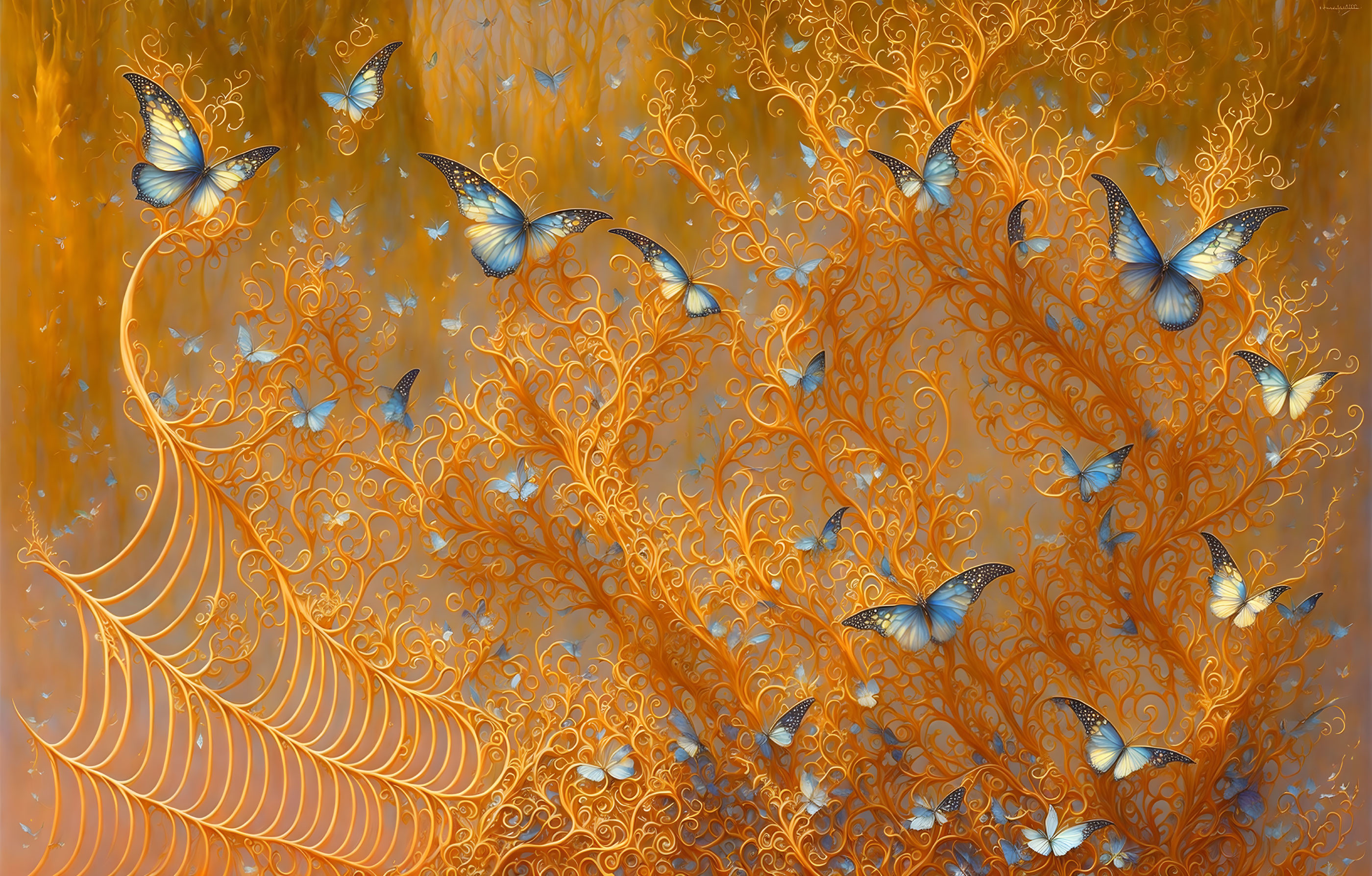 Blue butterflies flutter around golden tree structures on amber background