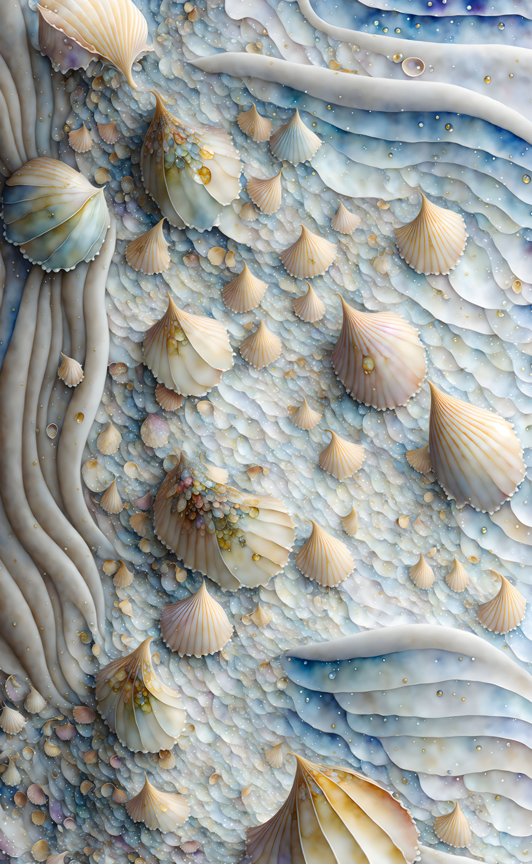 Sandy Seabed with Scallop Shells, Starfish, Barnacles, and Water R