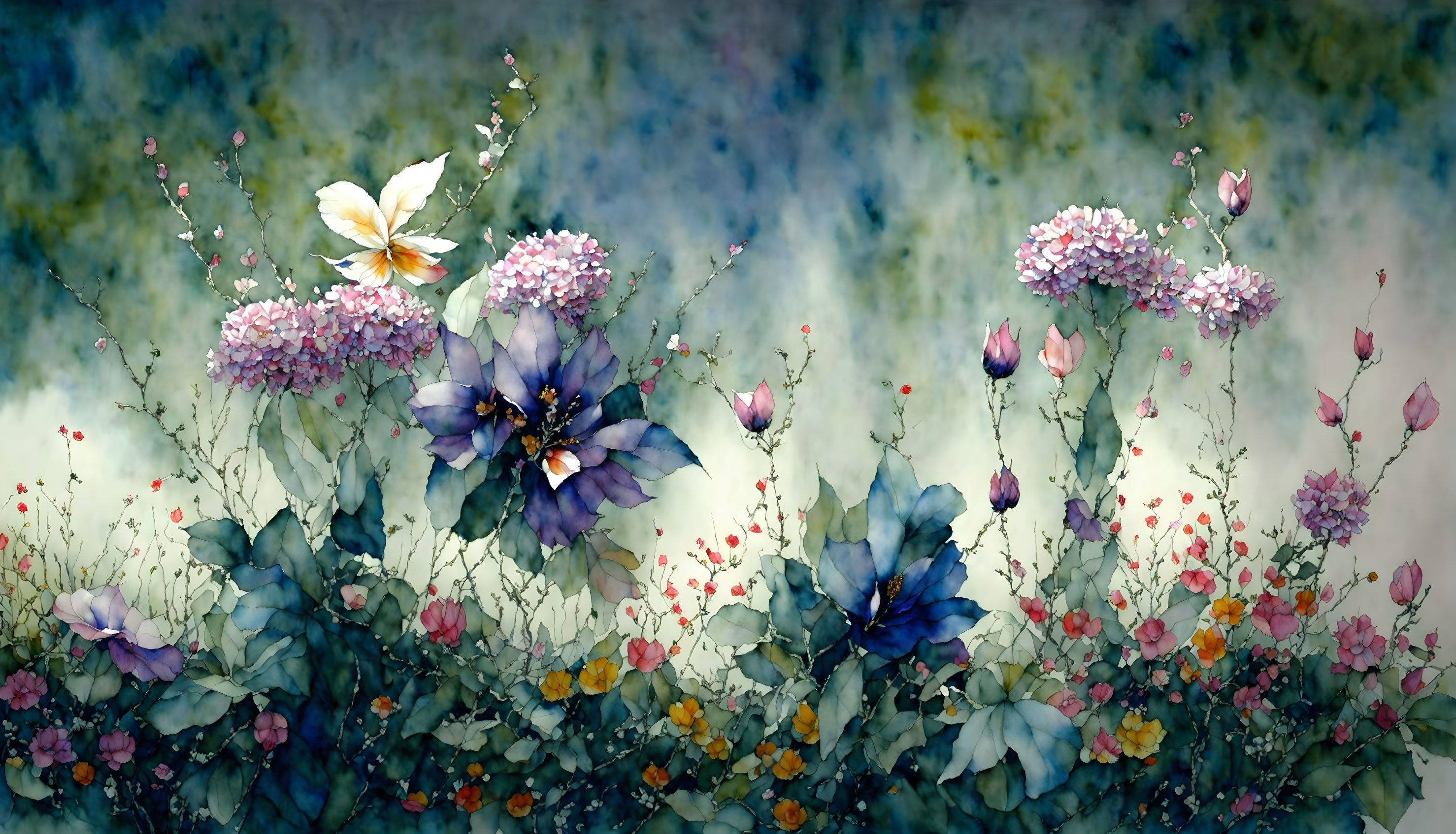 Colorful Watercolor Painting of Purple and Red Flowers with Butterflies