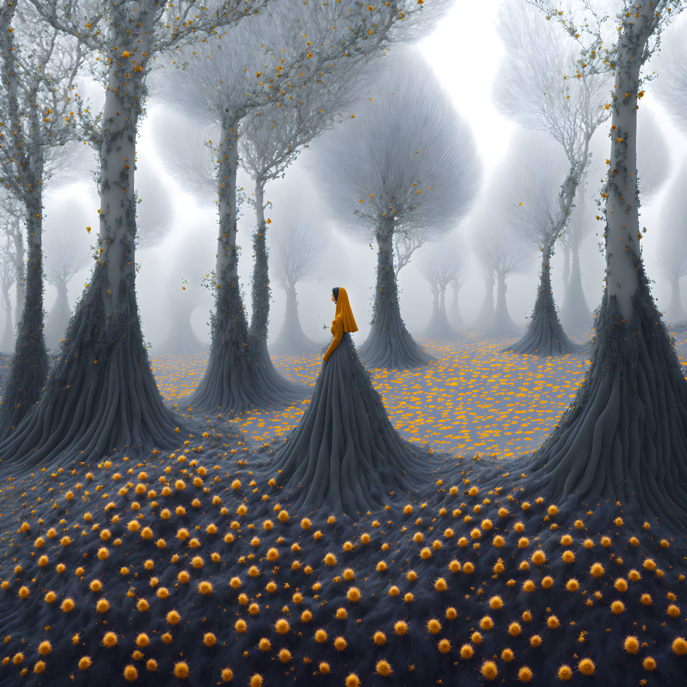 Solitary figure in yellow cloak in surreal forest with bulbous trees and yellow orbs.