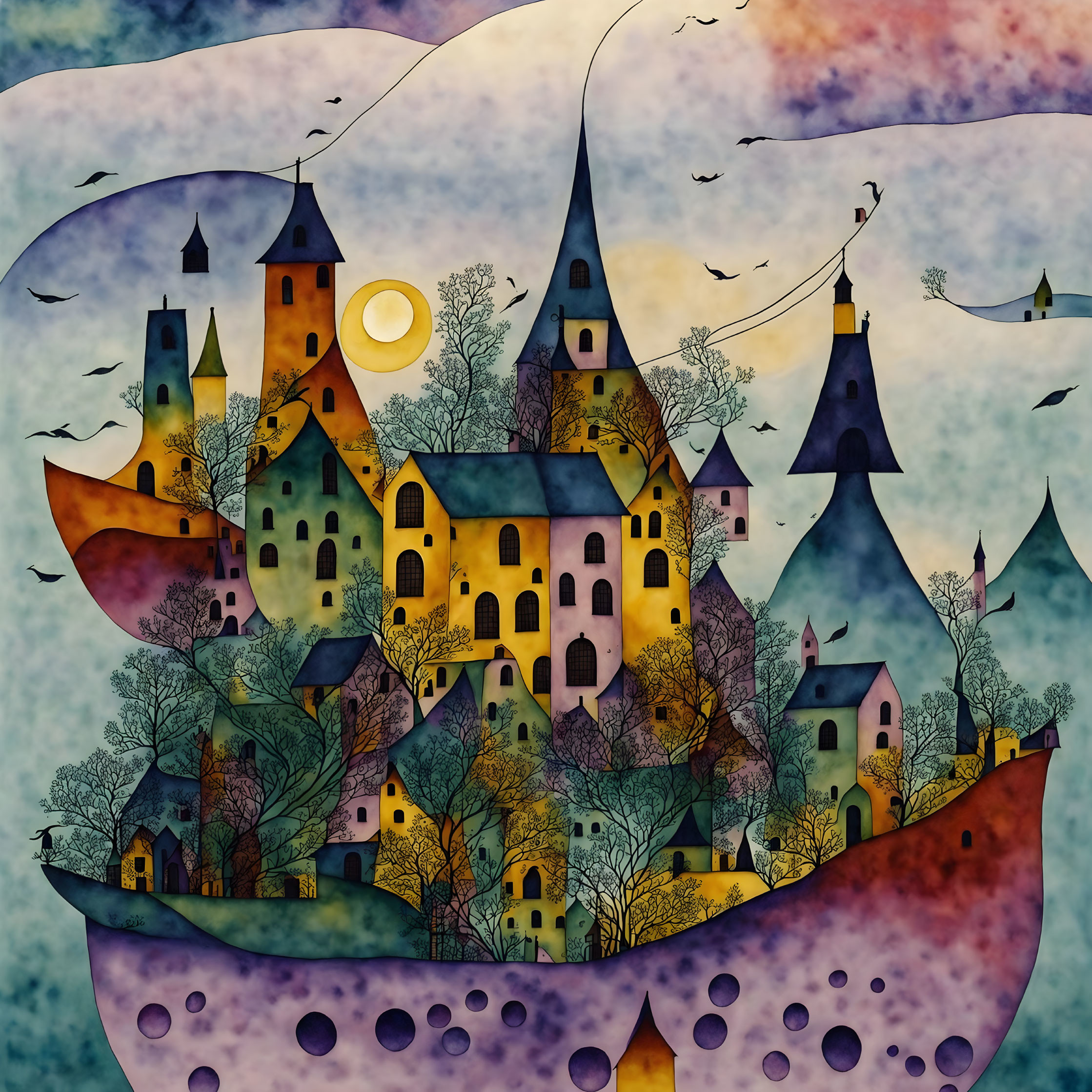 Colorful multi-towered castle on hills at twilight with birds and full moon