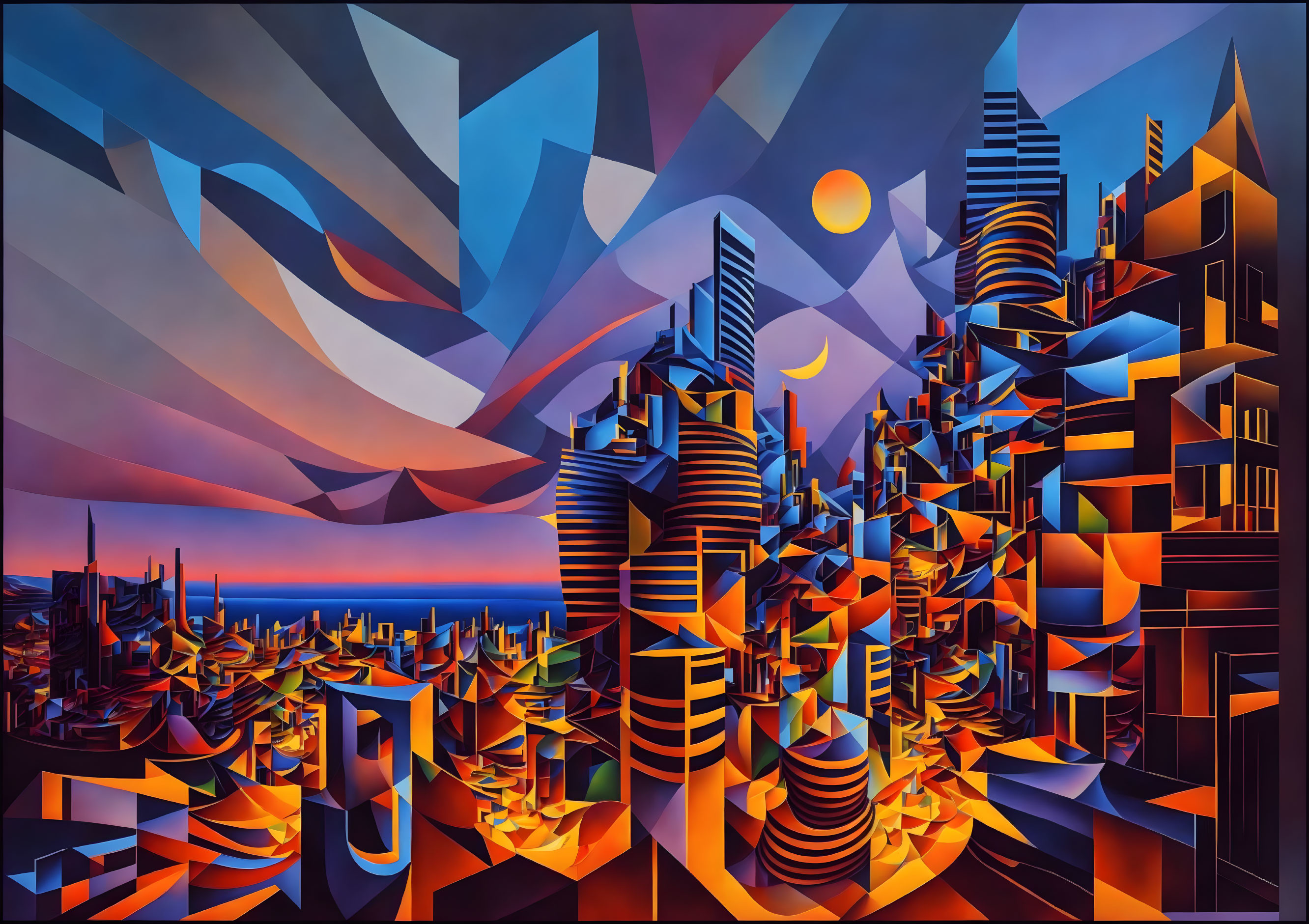 Abstract Cityscape with Swirling Patterns and Geometric Shapes