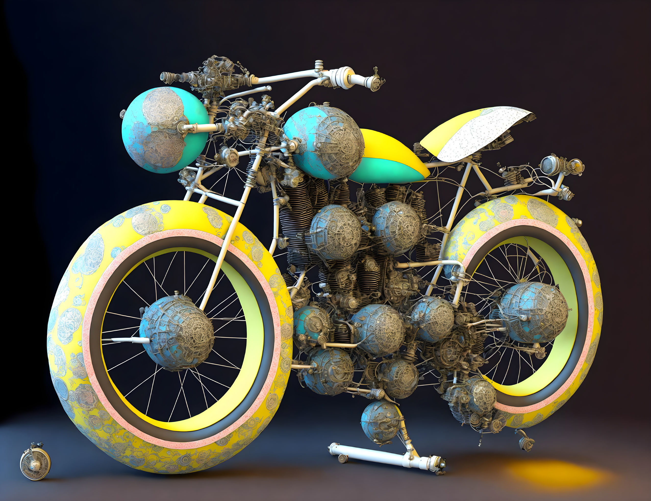 Surreal motorcycle artwork with intricate spherical patterns