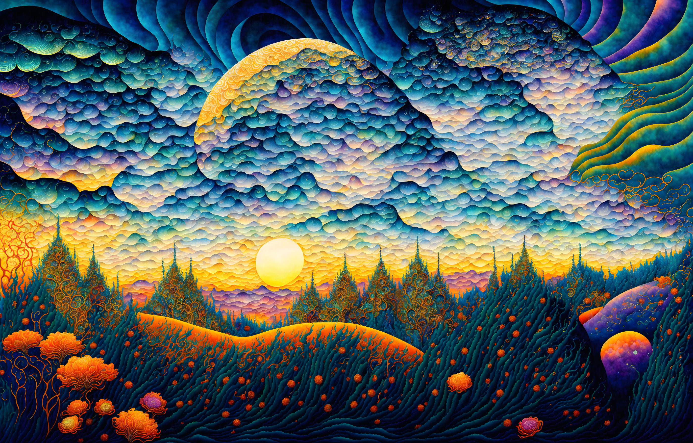 Colorful landscape with moon, sun, forest, hills, and orange flora