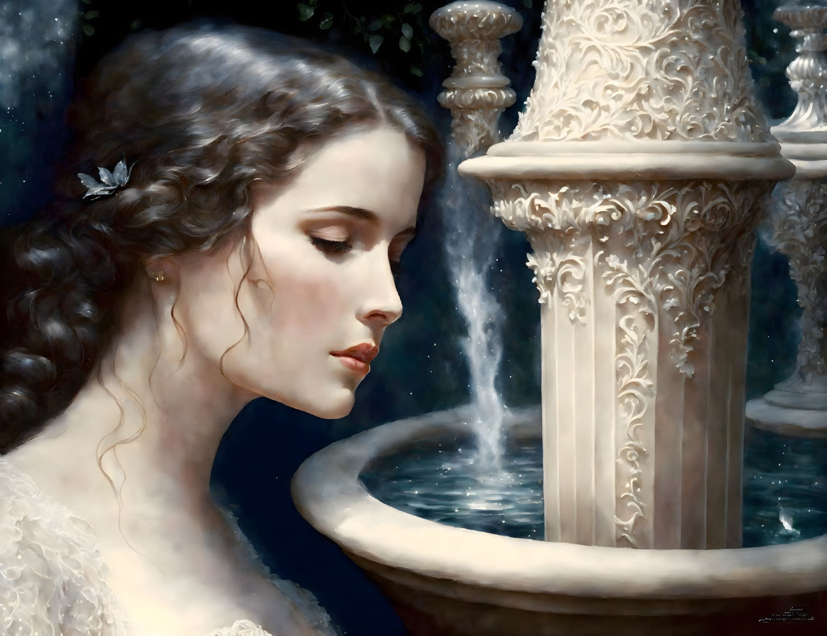 Detailed painting: Woman with long, curly hair by water fountain