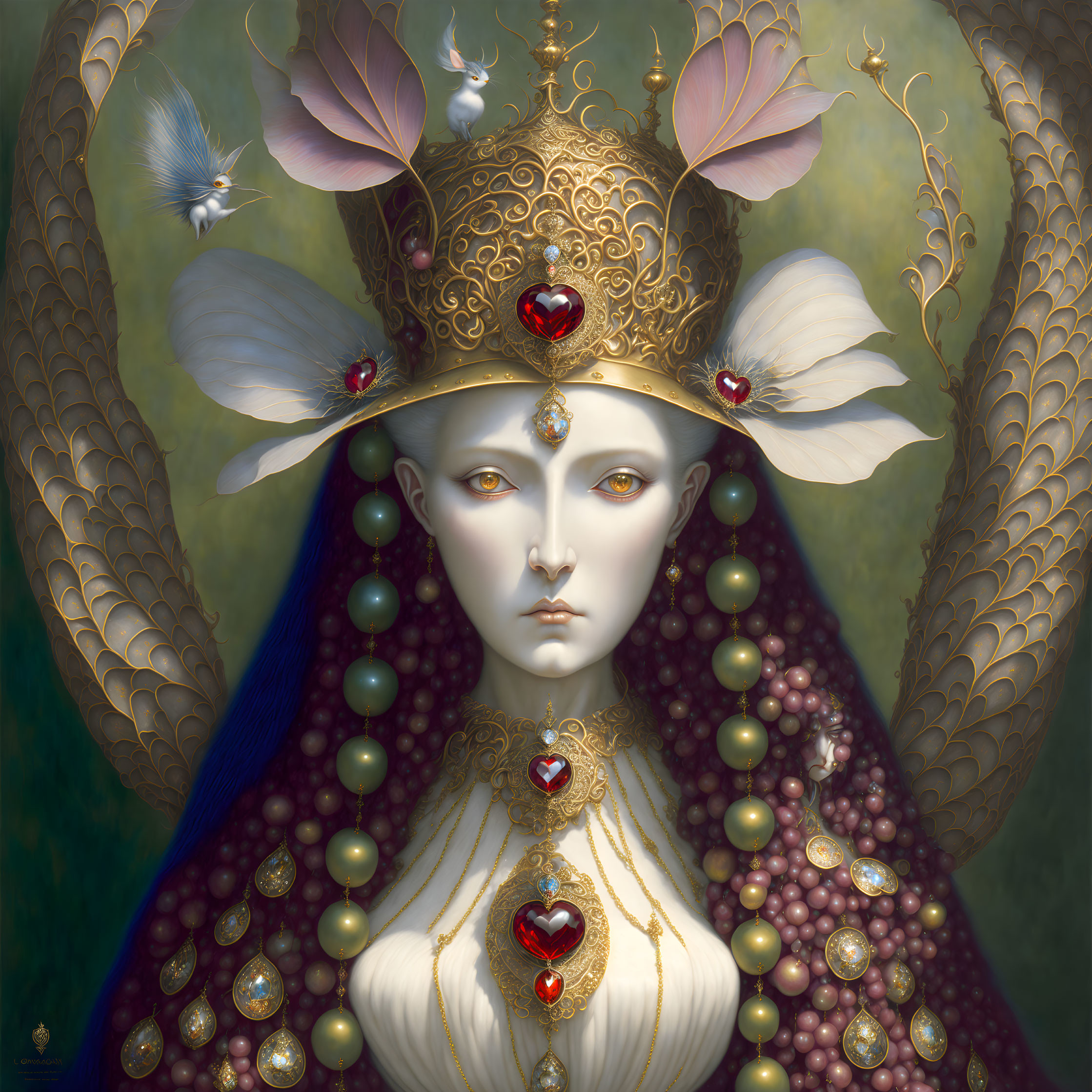 Detailed portrait of regal figure with golden crown, gems, butterflies, and florals on green backdrop