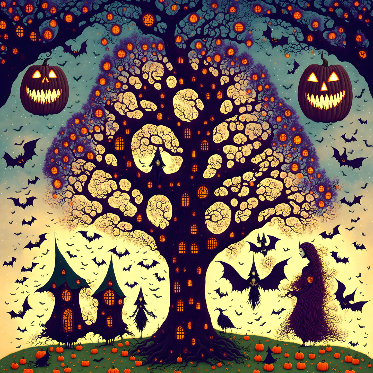 Whimsical Halloween-themed illustration with tree, pumpkins, bats, spooky house, and mysterious figure