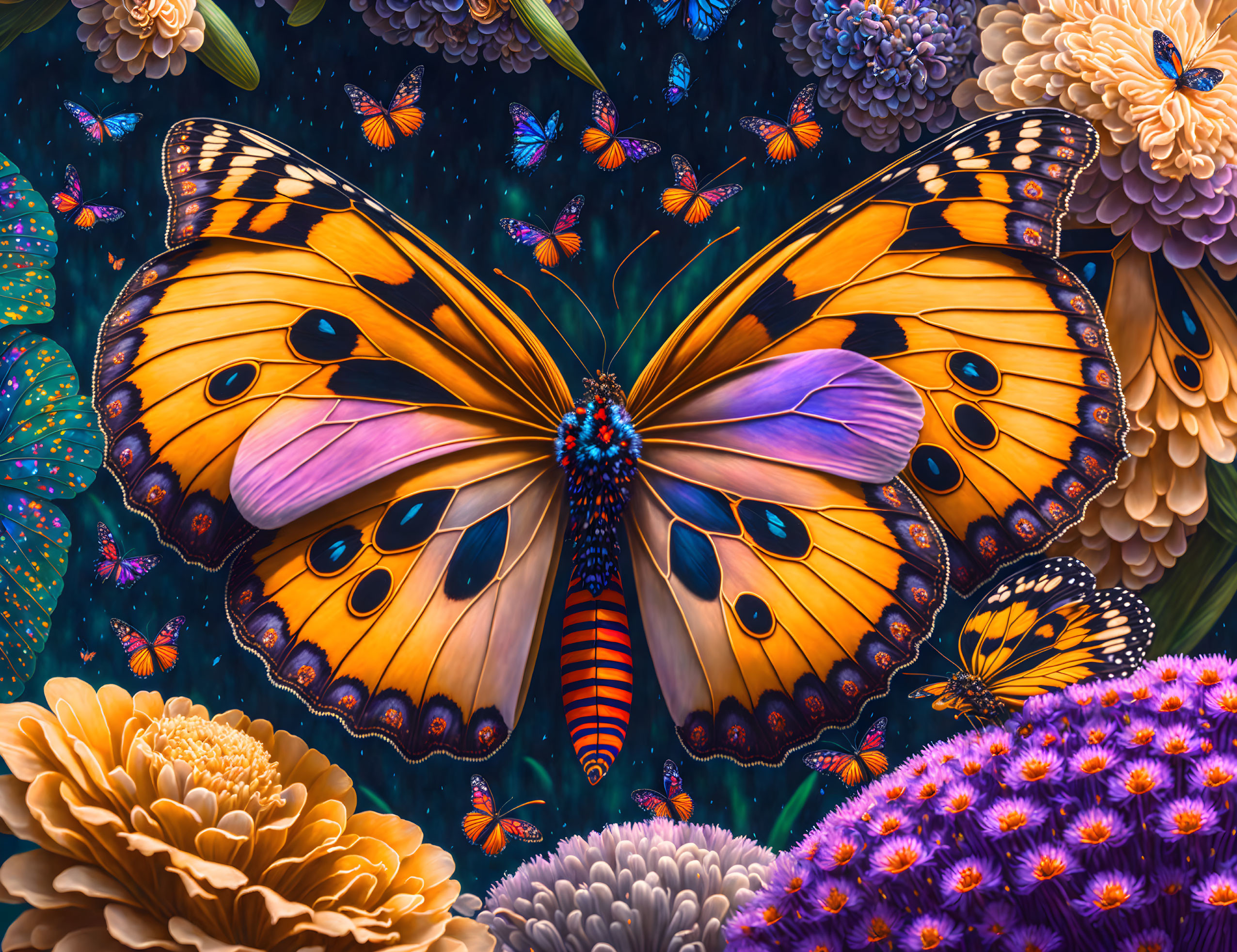 Detailed oversized butterfly art on dark blue background with smaller butterflies and colorful flowers