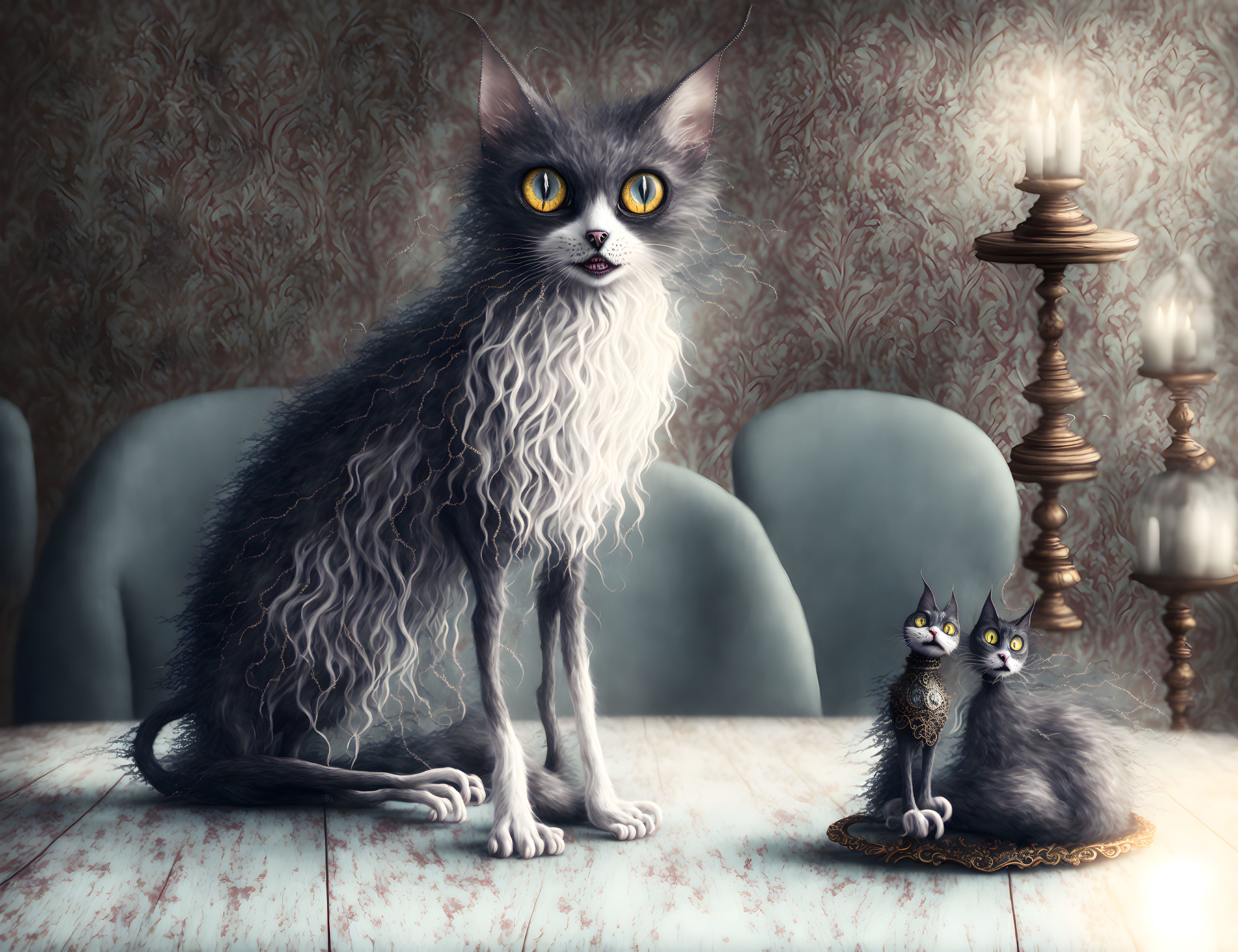 Anthropomorphic Cats in Vintage Room with Human-Like Eyes