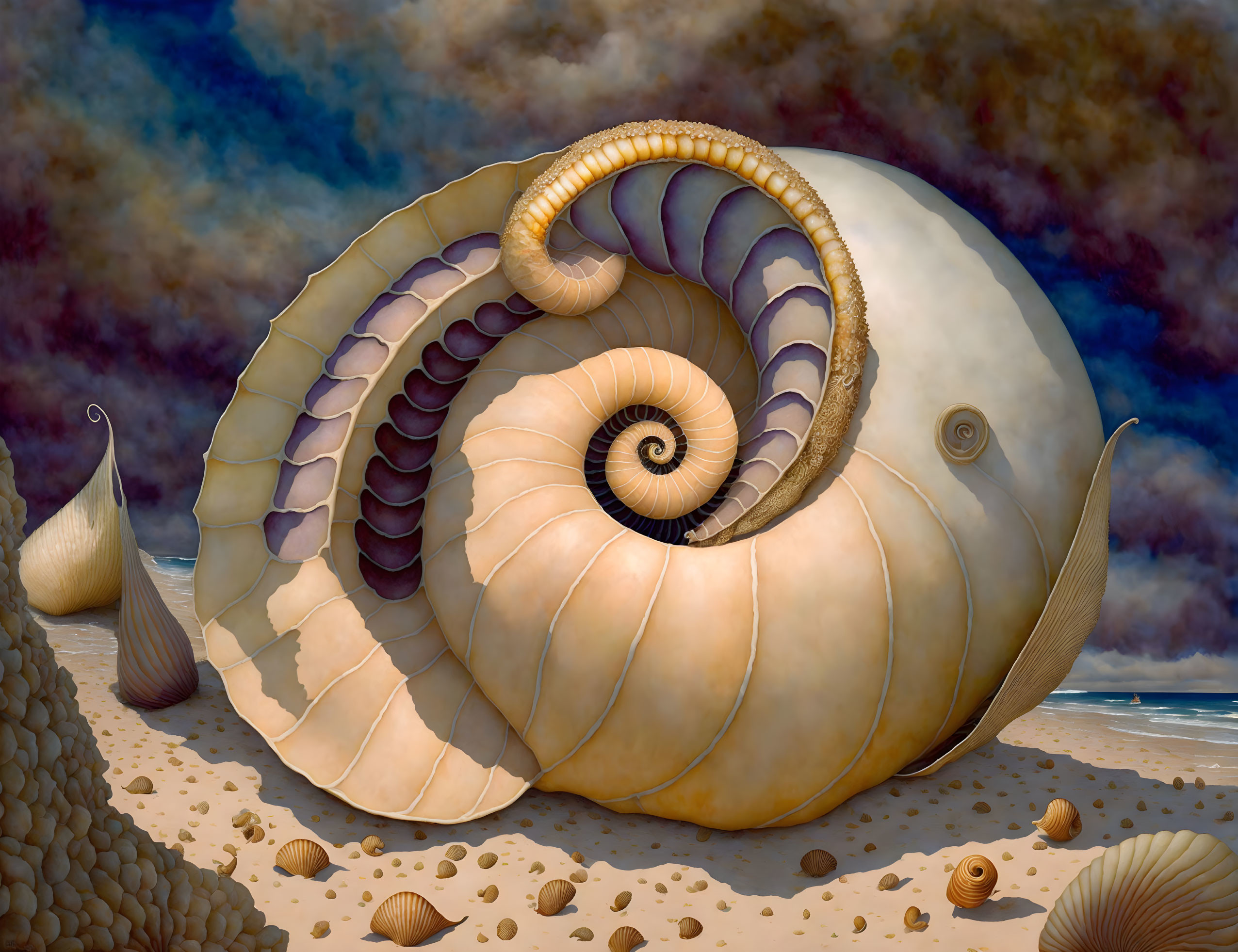 Surreal illustration: large nautilus shell on beach with scattered shells, dramatic blue sky