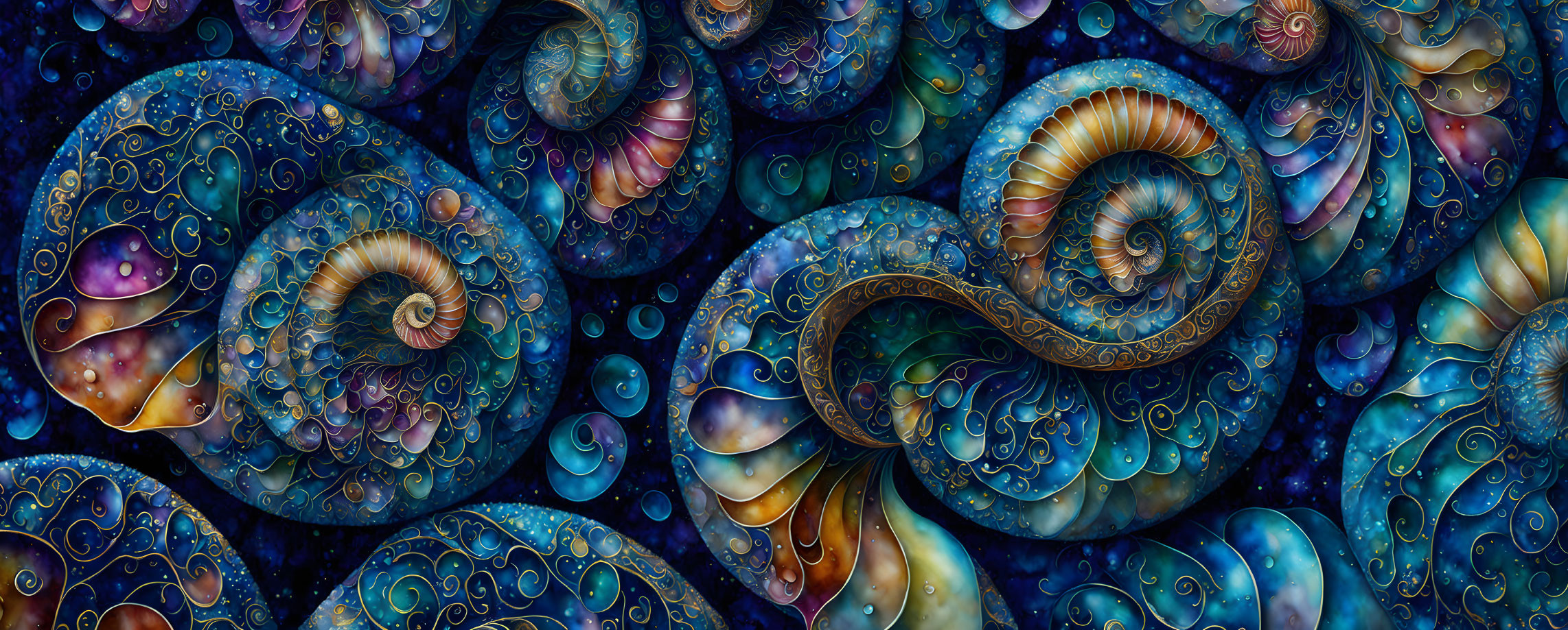 Colorful fractal artwork: swirling seashell patterns in blues, purples, and gold