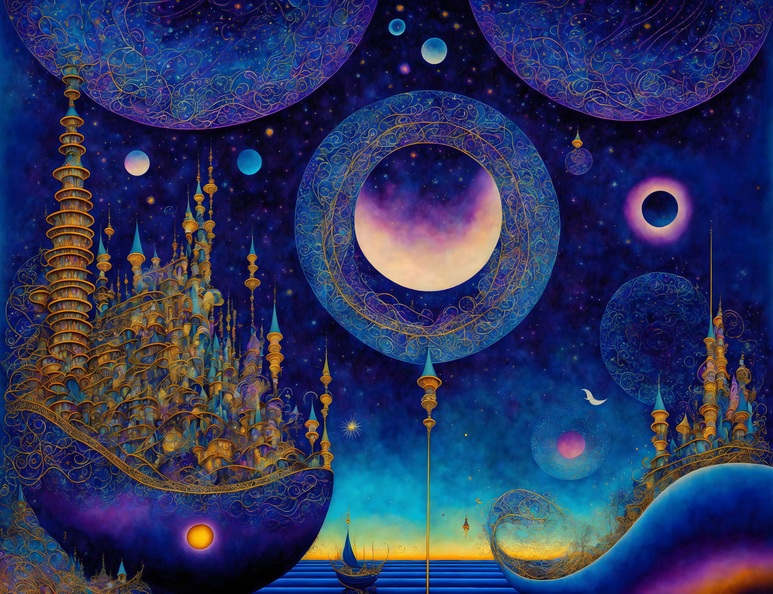 Ornate Golden City on Crescent in Fantastical Nocturnal Landscape