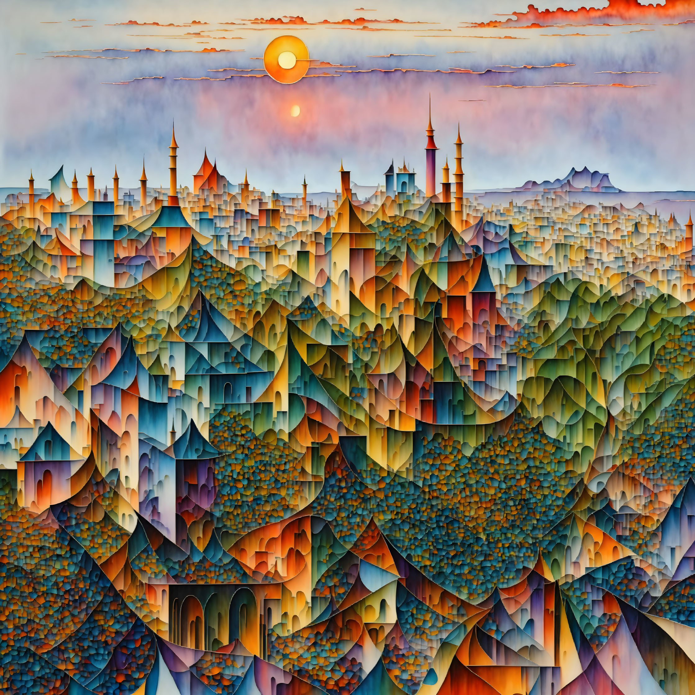 Colorful cityscape painting with pointed roofs under sunset sky