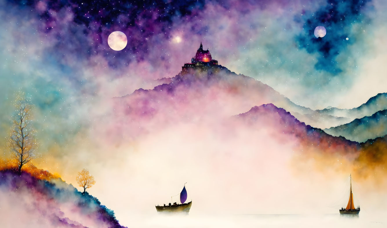 Watercolor painting: Sailboats on misty waters, autumn trees, mountain castle, starry sky