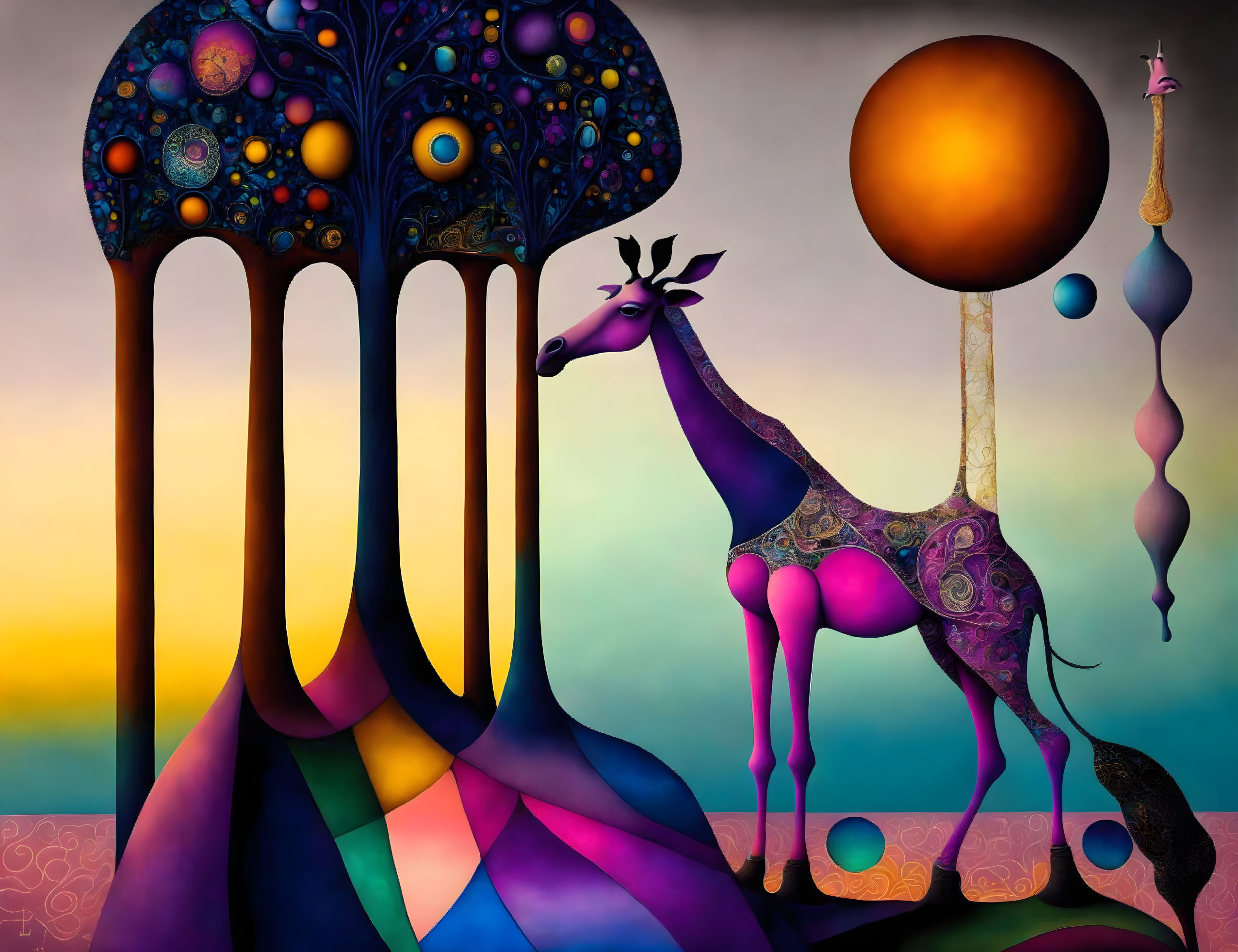 Whimsical digital art: Tall giraffe, purple patterns, long-legged trees, floating orbs,