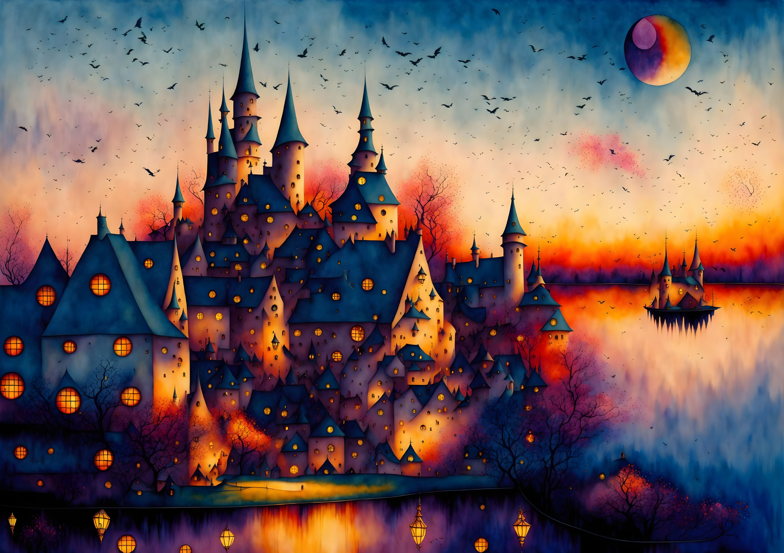 Fantasy landscape at twilight with glowing castle, full moon, and vivid sky