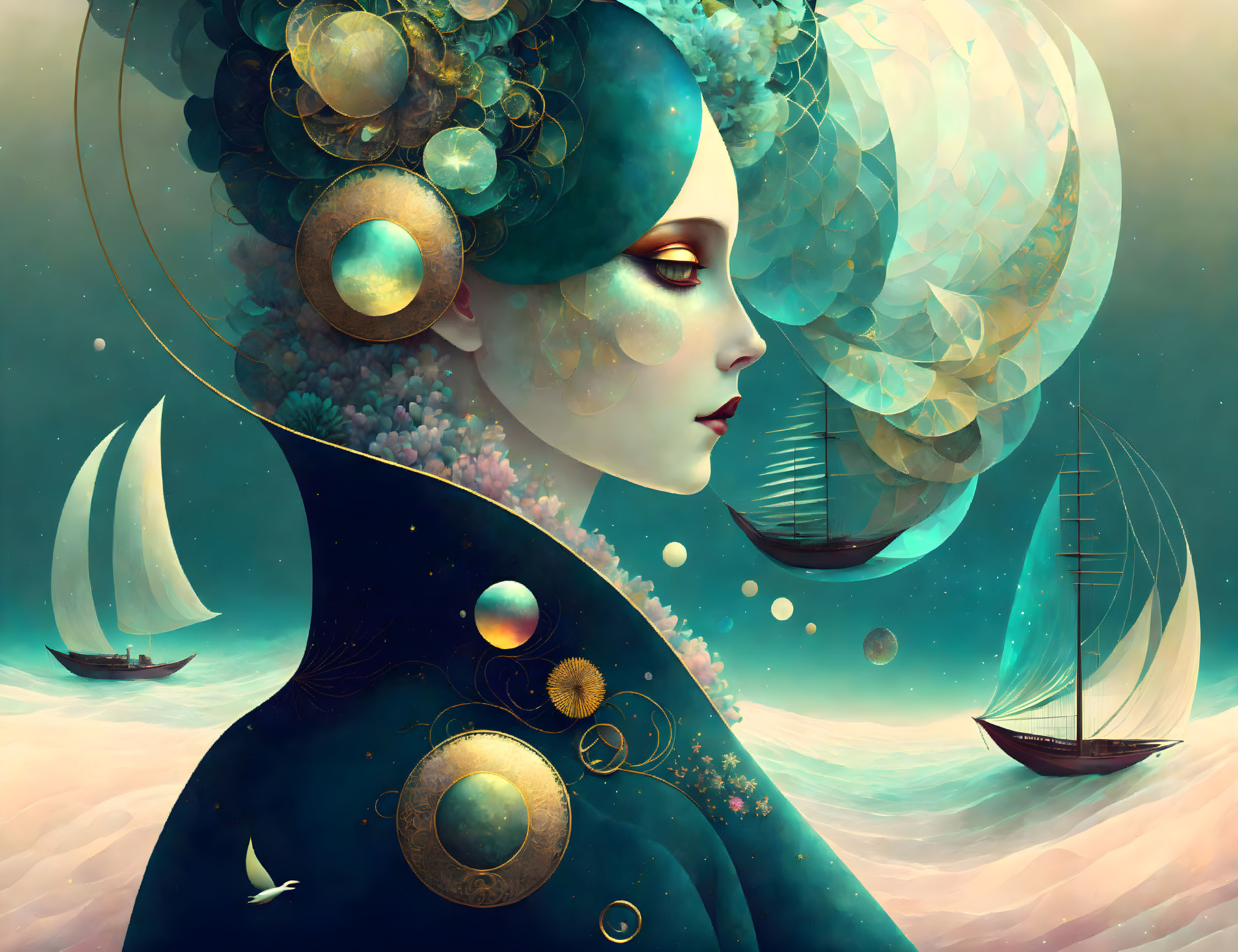 Surreal portrait of woman with cosmic headwear on sea backdrop