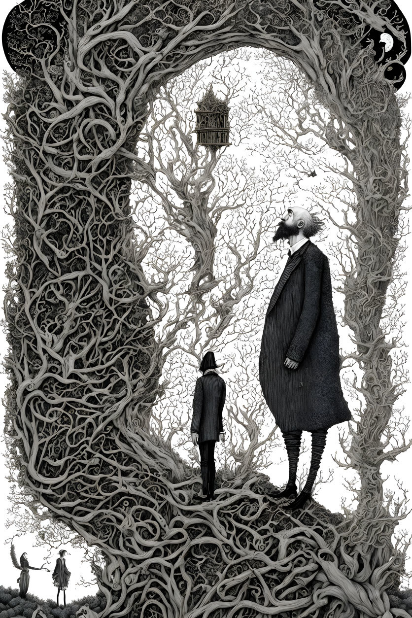 Detailed surreal black and white sketch with giant figure in twisted forest.