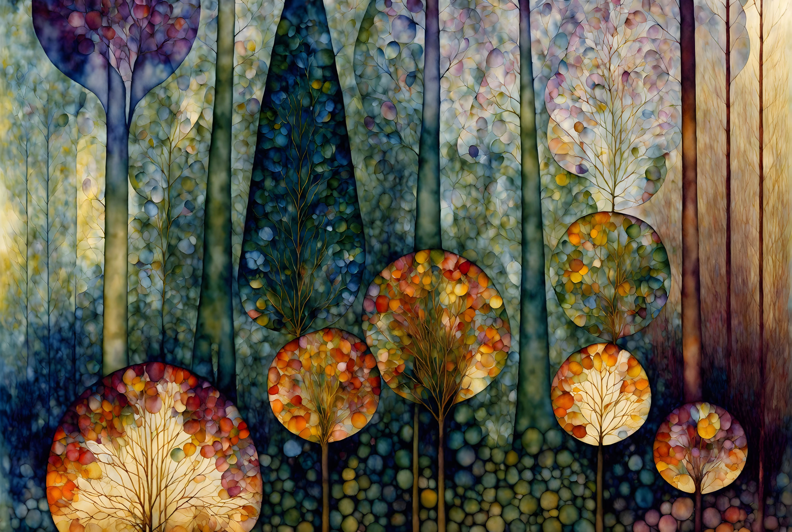 Colorful Abstract Forest with Autumn Trees on Mosaic Background