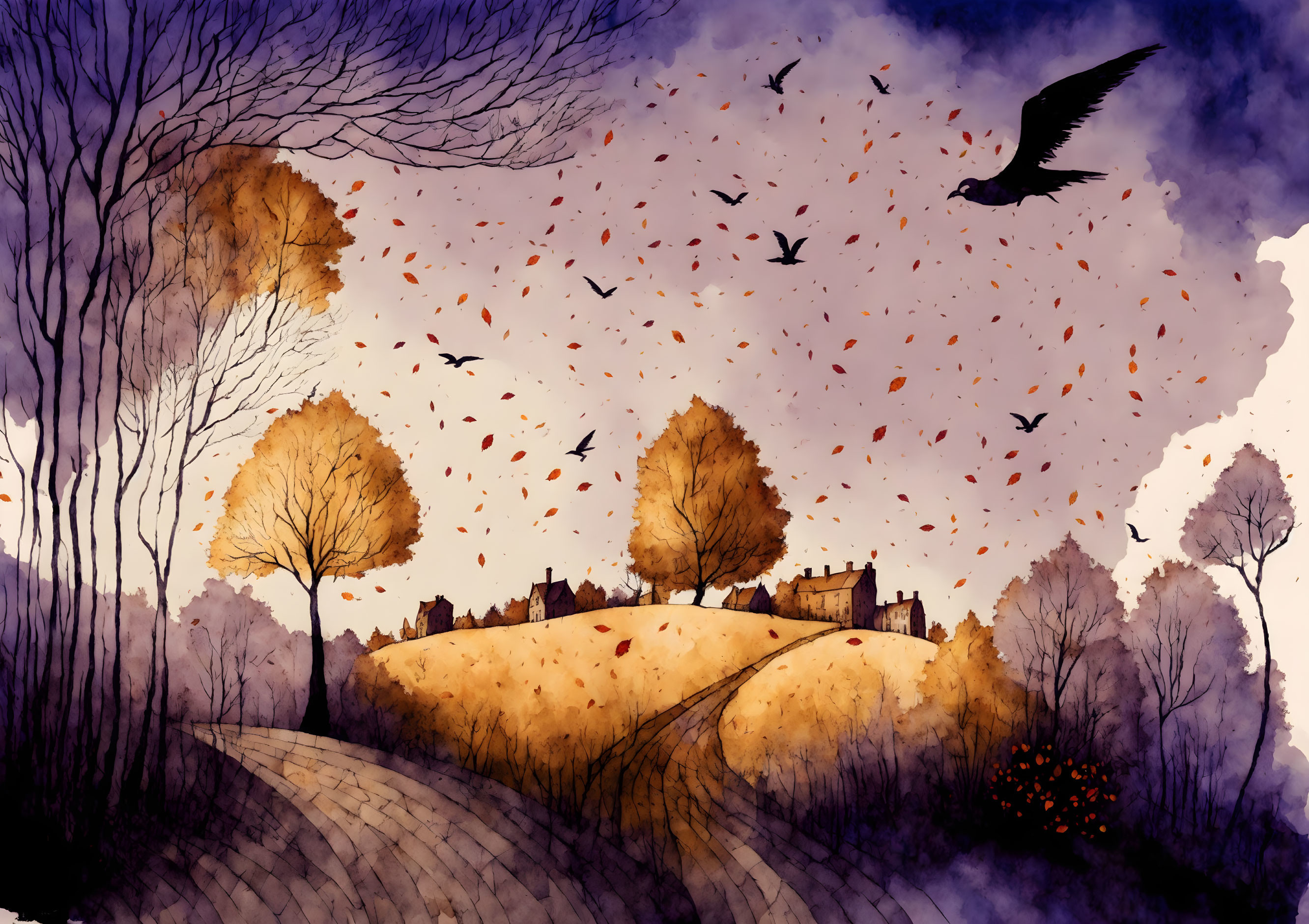 Windswept autumn landscape with birds, barren trees, and a distant house