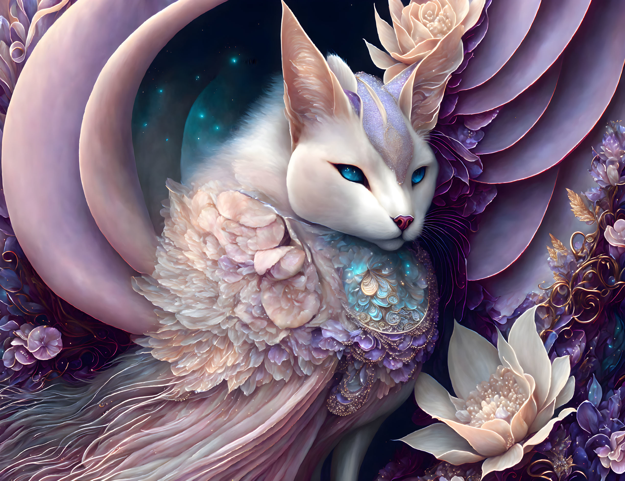 White Cat with Blue Eyes Surrounded by Roses and Cosmic Background