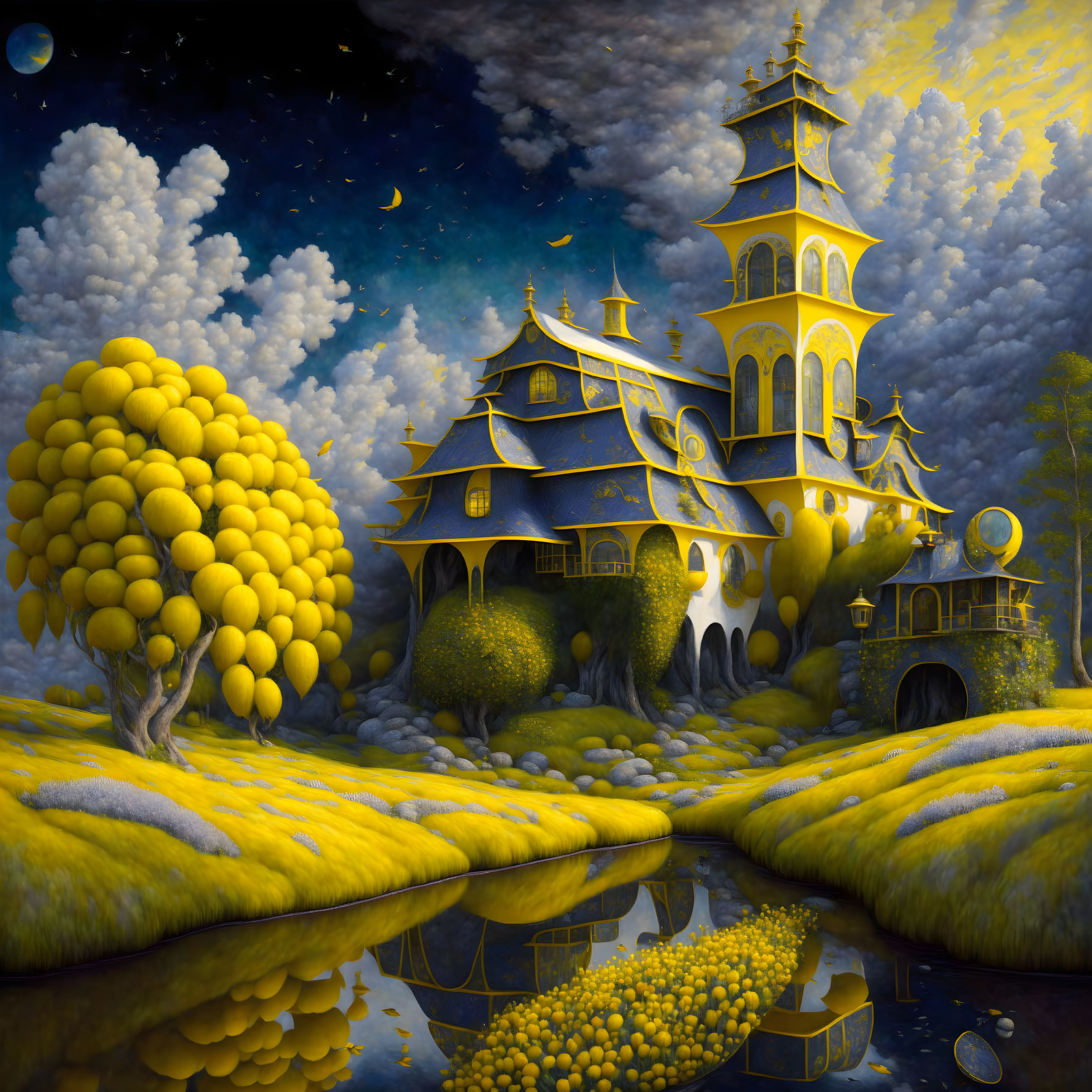 Golden fantasy castle in surreal landscape with yellow trees and reflective water