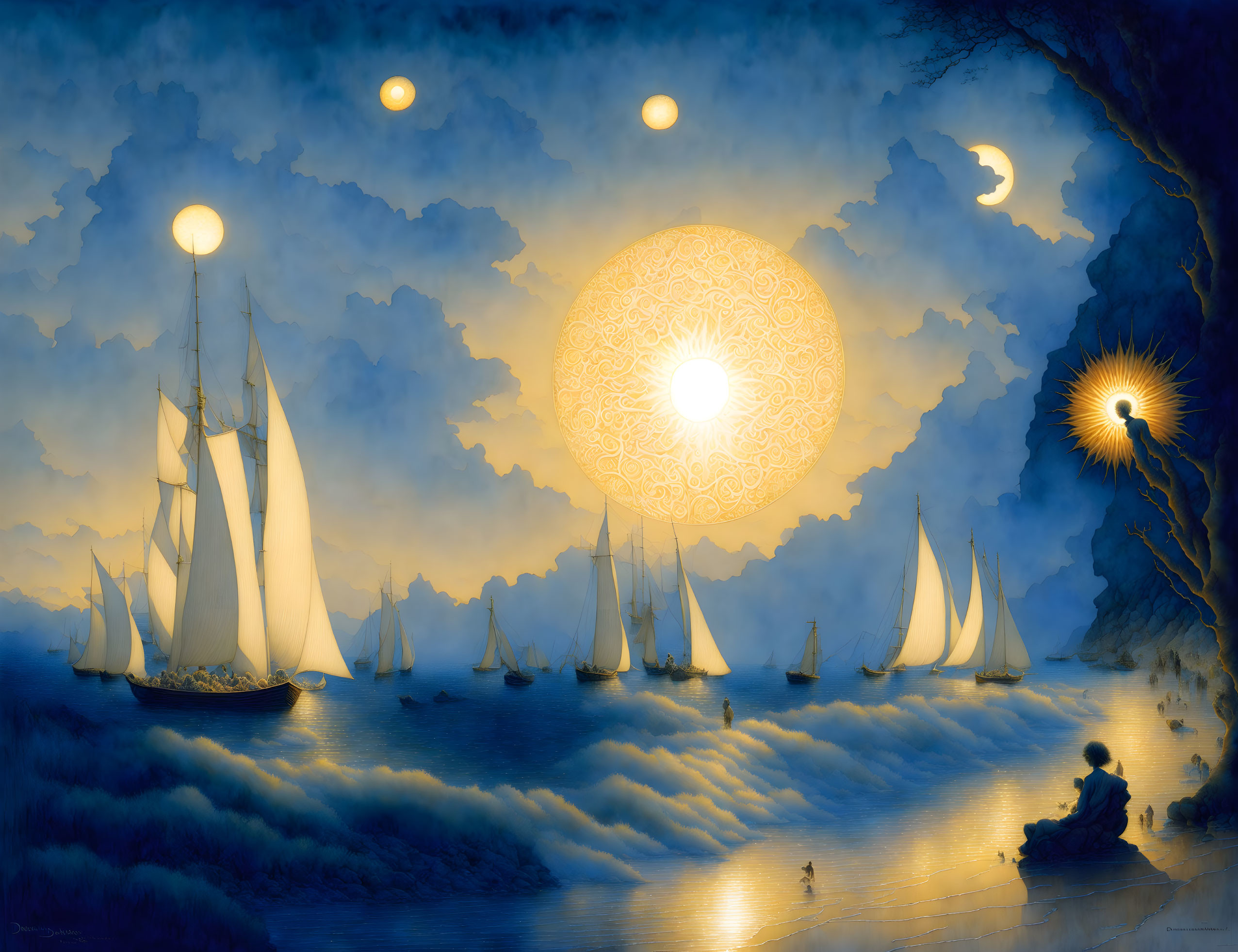 Fantasy art: Sailing ships on shimmering sea with multiple moons and suns