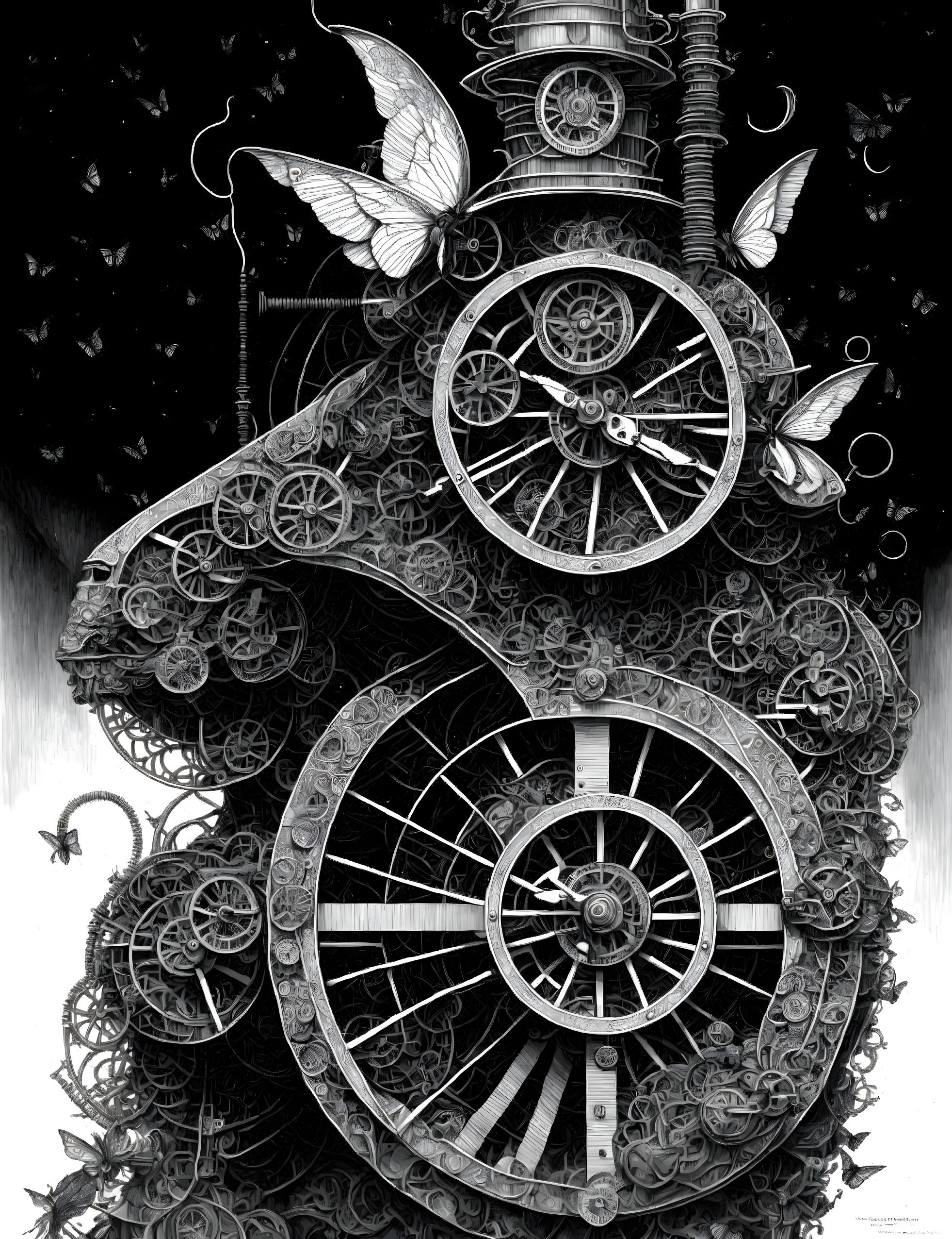 Detailed black and white illustration of clockwork structure with gears and butterflies