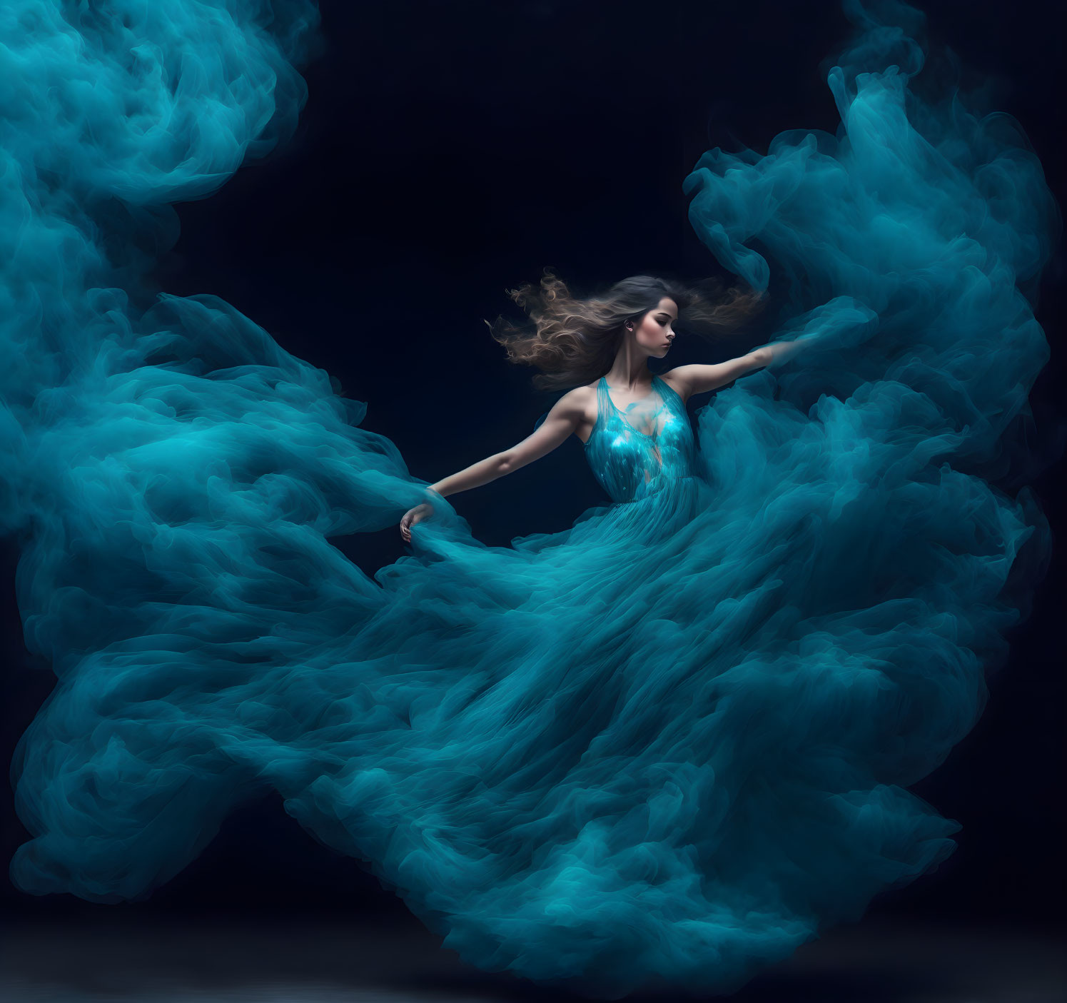 Woman in flowing blue dress amidst billowing smoke creating ethereal scene