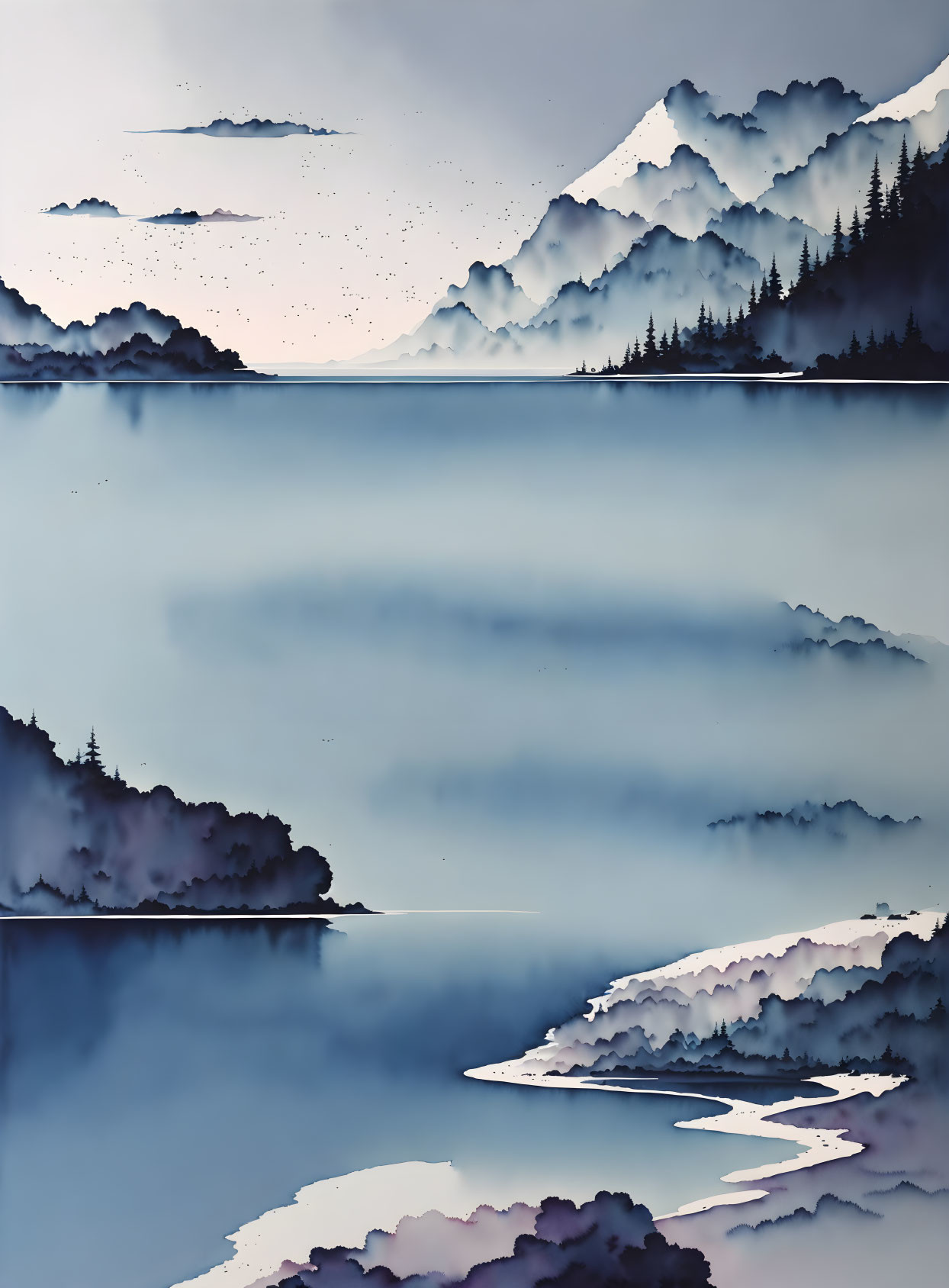 Tranquil Mountain Landscape with Misty Layers and Calm Lake