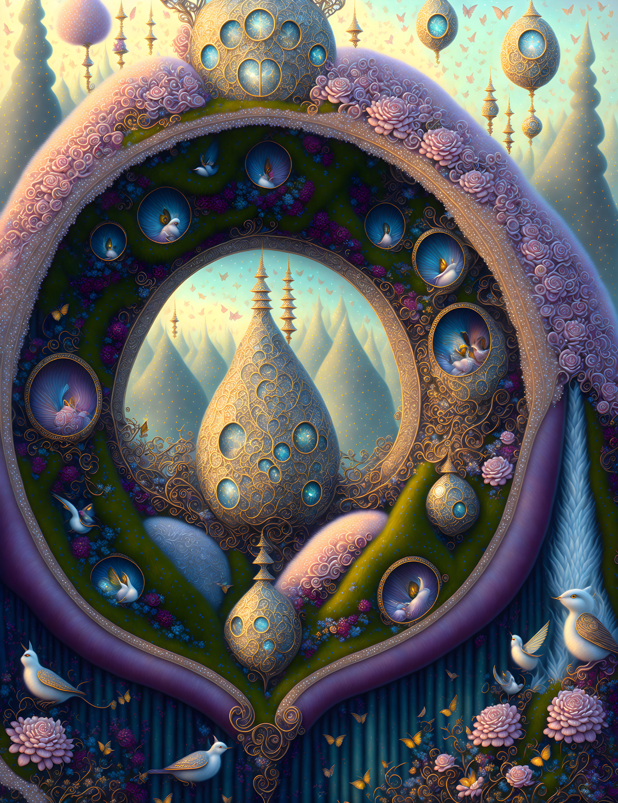 Ornate fantasy landscape with swirling patterns and domed structures in dream-like scene