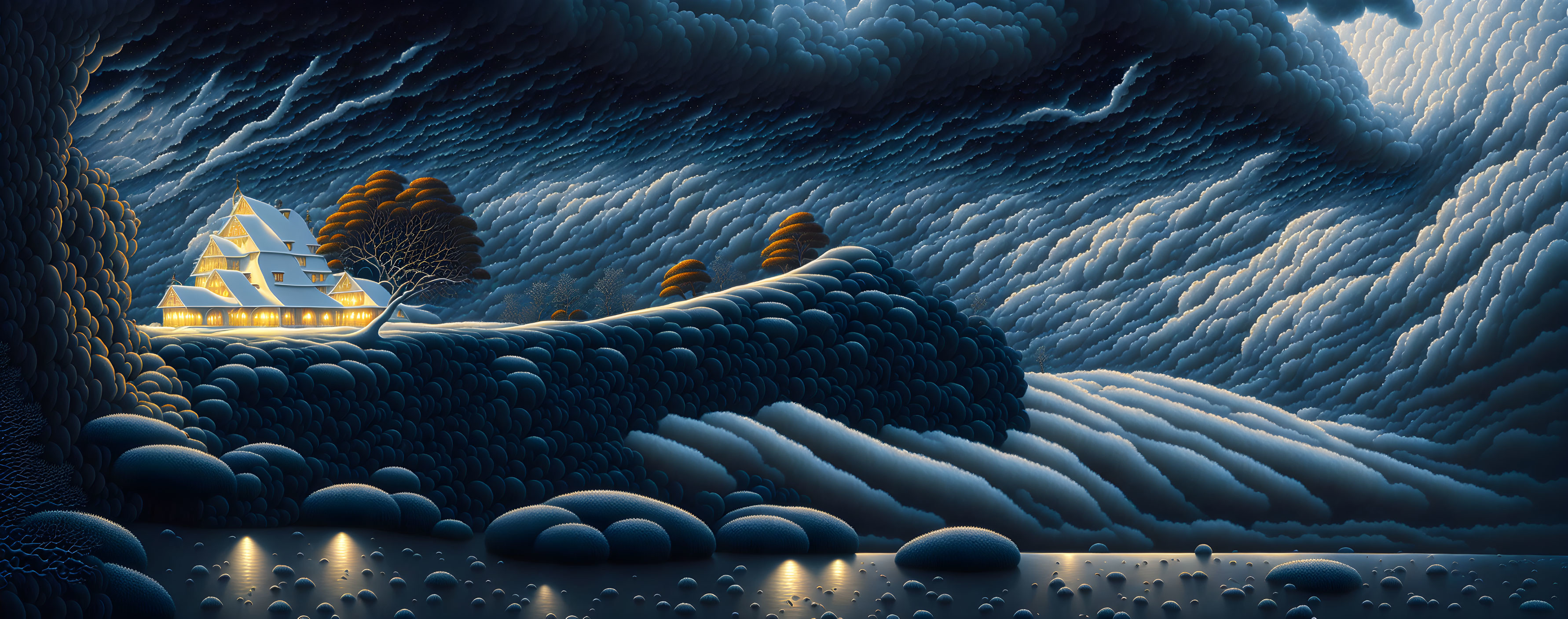 Surreal landscape with undulating hills, starry sky, golden pyramid, and dreamlike trees