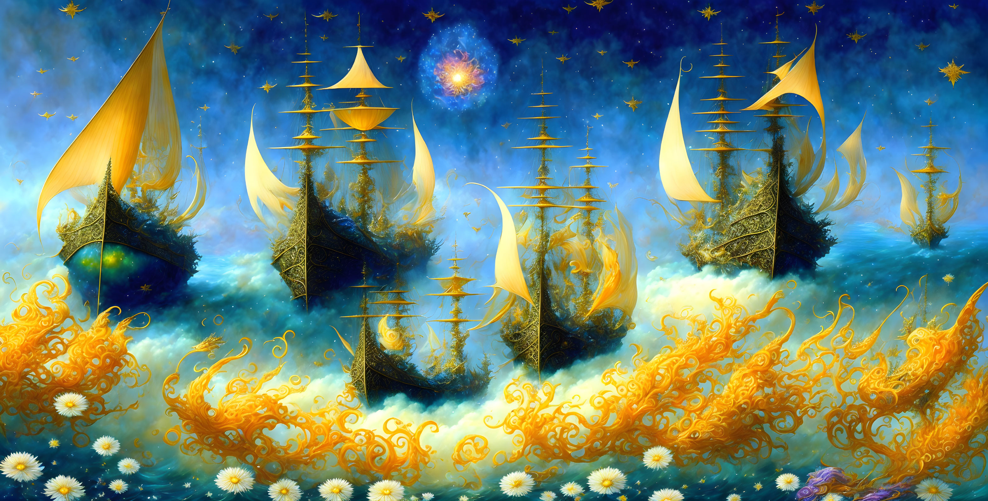 Golden-sailed ships in celestial seascape with stars, nebulae, and fiery waves.