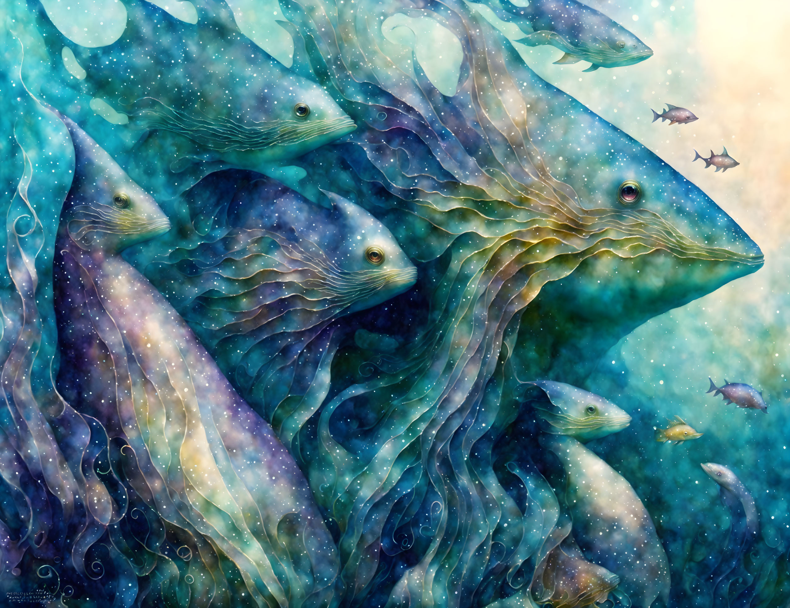 Whale-like creatures in sea and celestial elements swimming with fish in starry underwater scene