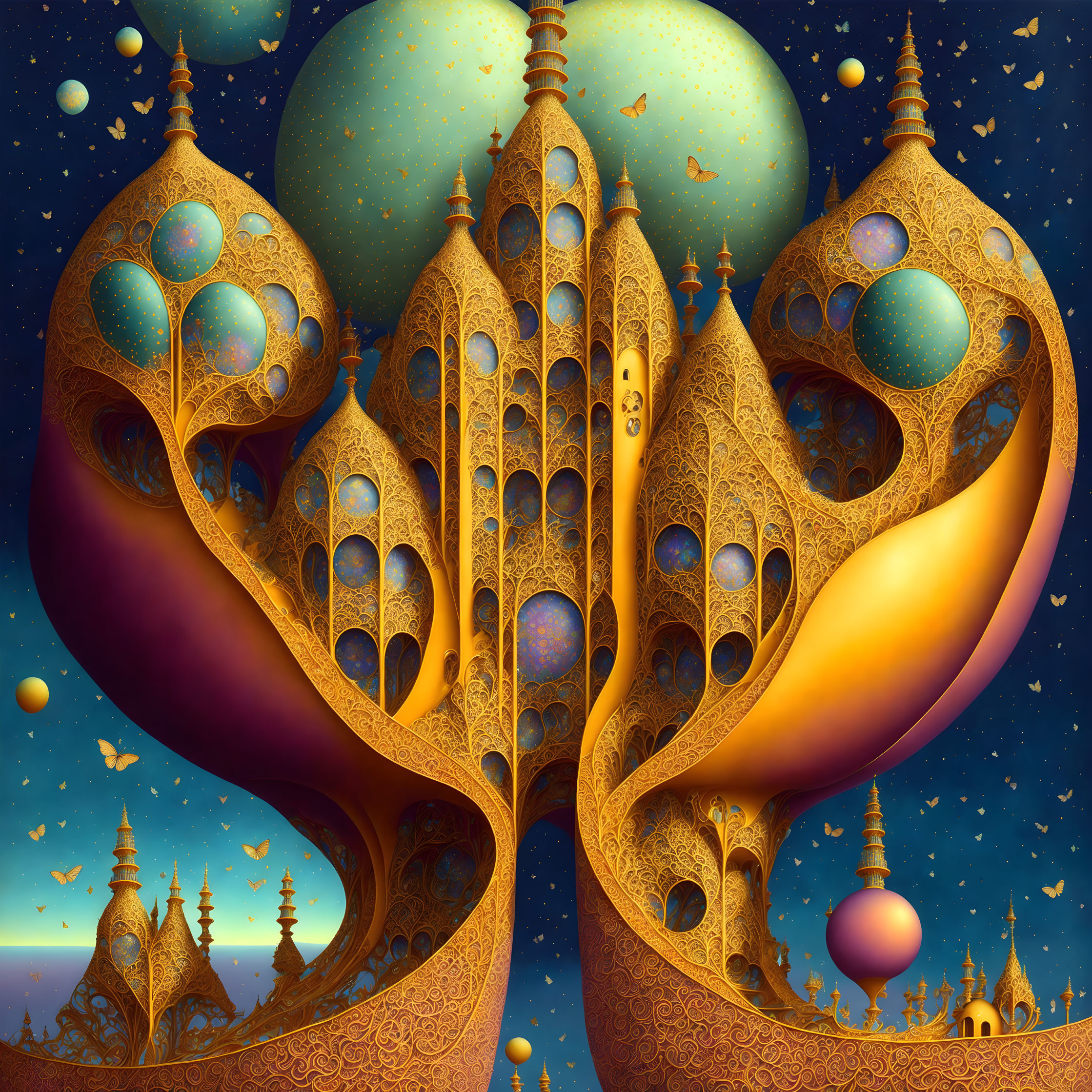 Intricate golden structures in fantasy landscape under starry sky