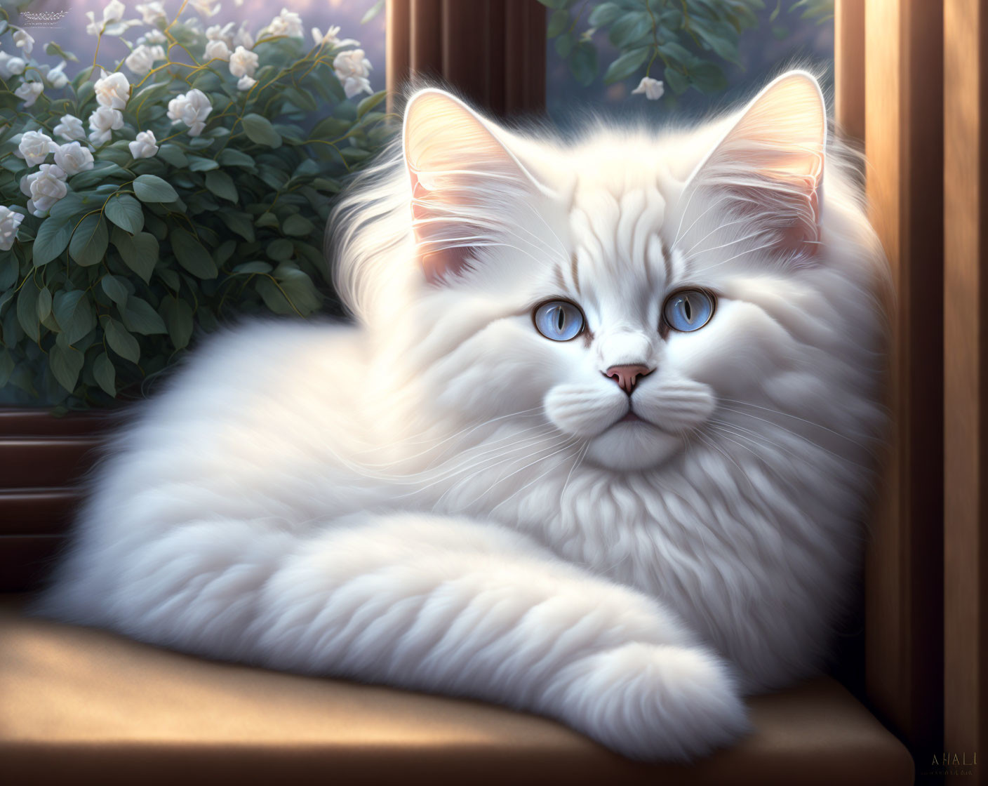 Fluffy White Cat with Blue Eyes Relaxing by Sunny Window