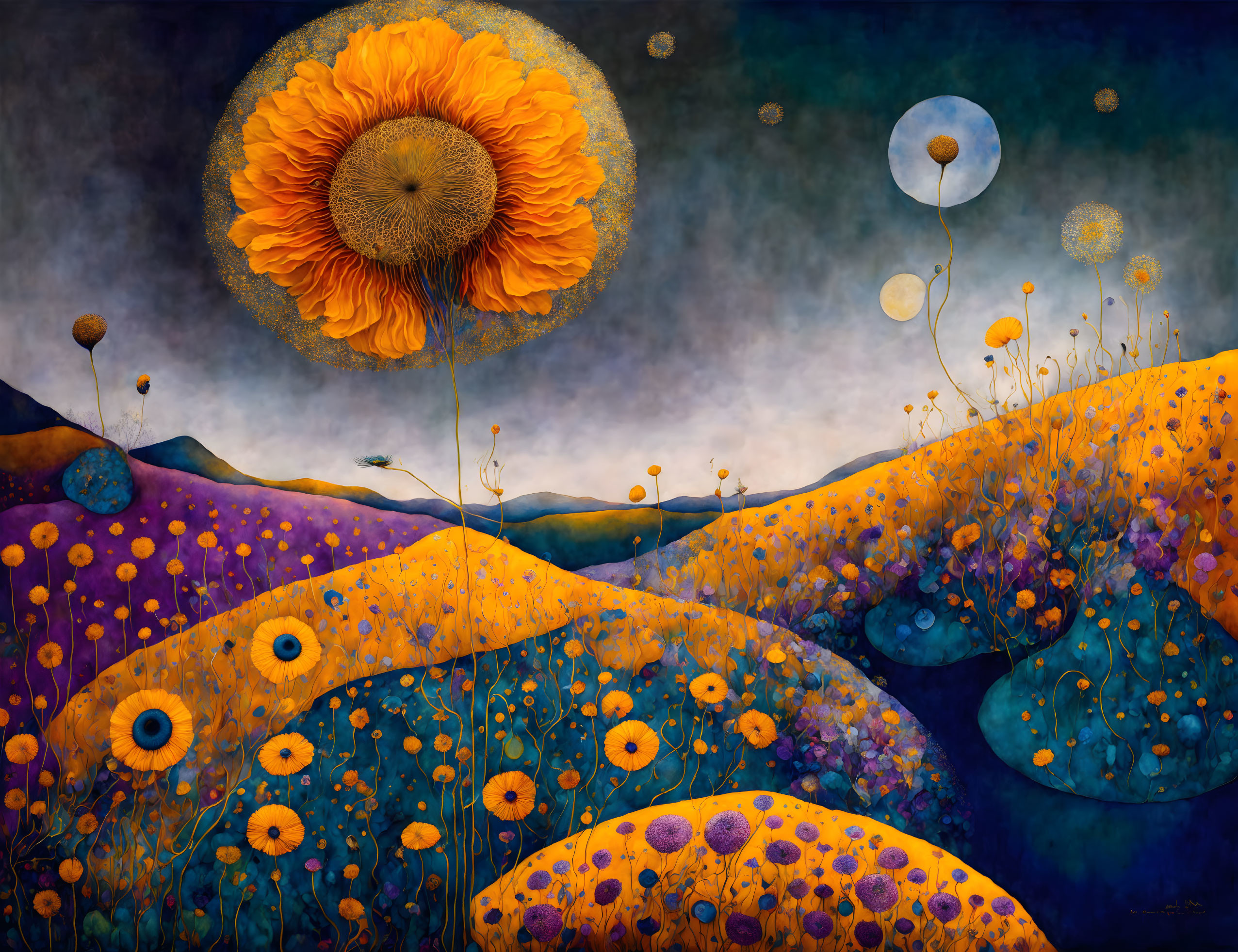 Colorful landscape with sunflower, hills, and celestial bodies.