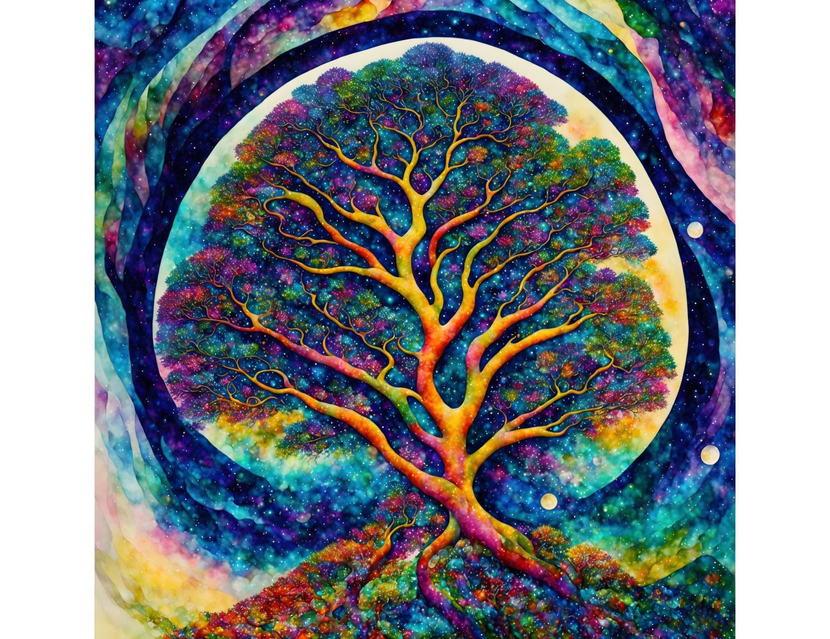 Colorful tree art against cosmic crescent moon backdrop