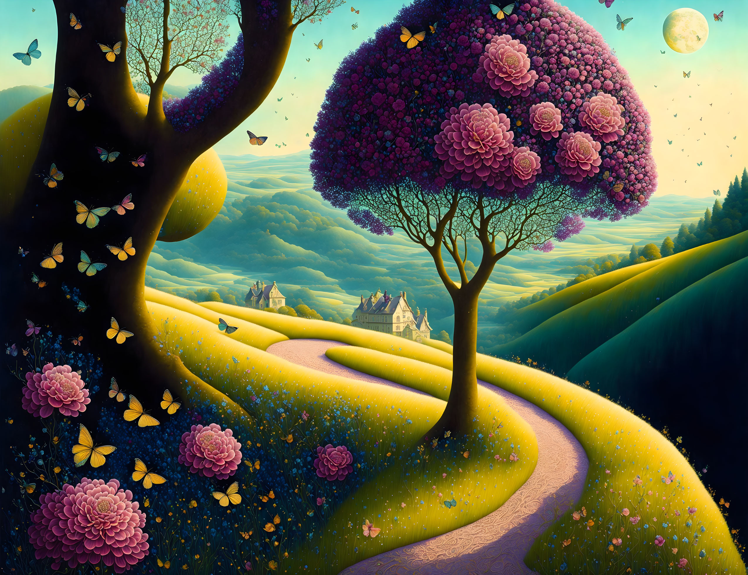 Fantastical landscape with green hills, blooming trees, and a quaint village