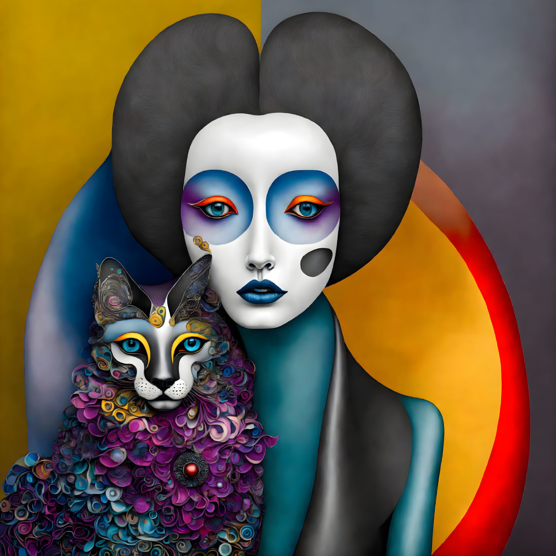 Surreal pale-faced woman with intricate black hairstyle and colorful cat art.